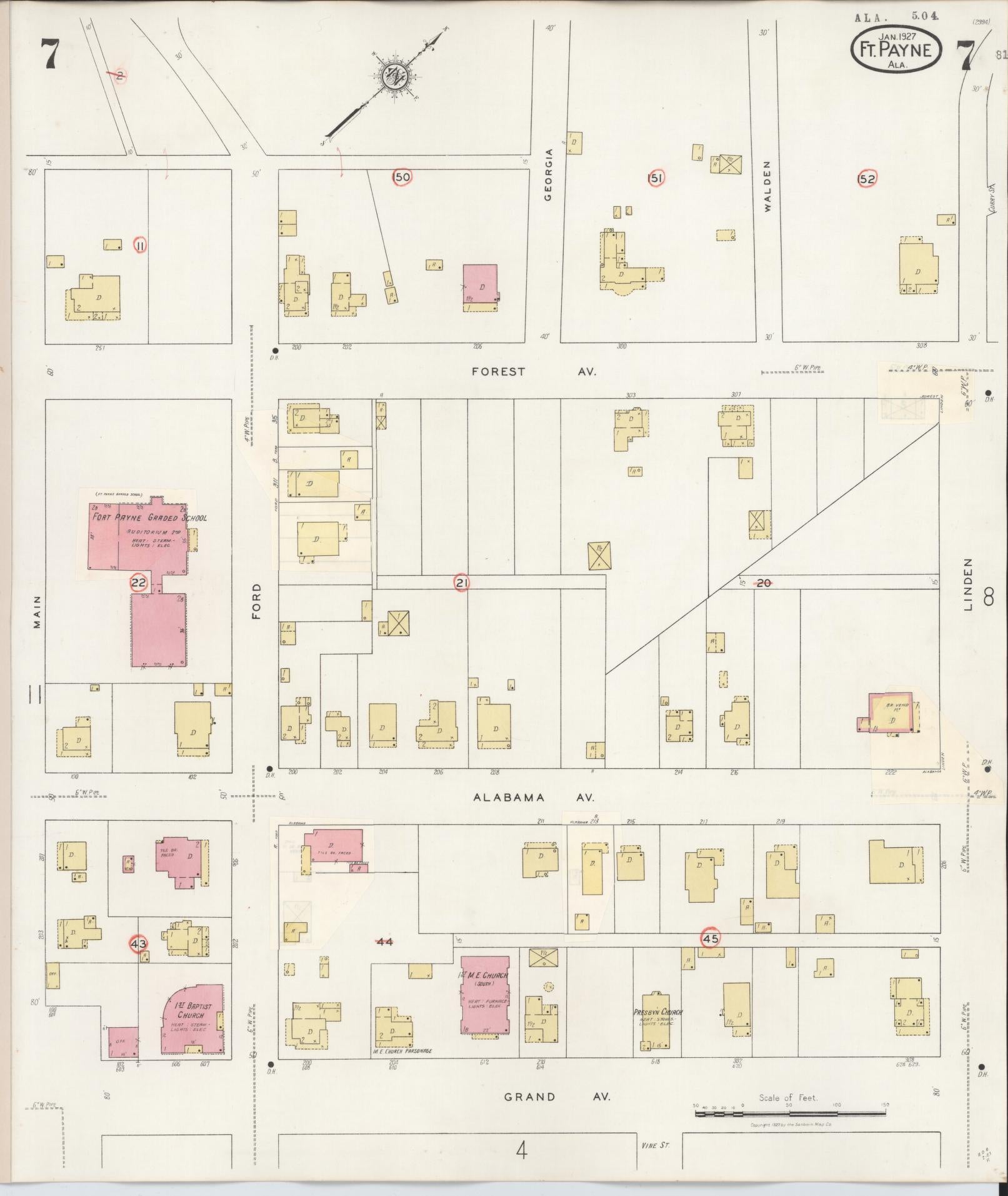 Sanborn Fire Insurance Map from Fort Payne, Dekalb County, Alabama (1935), Sheet #0007 - Historic Sanborn Fire Insurance Map Print, vintage old map wall art, antique decor, genealogy gift, Alabama Alabama map