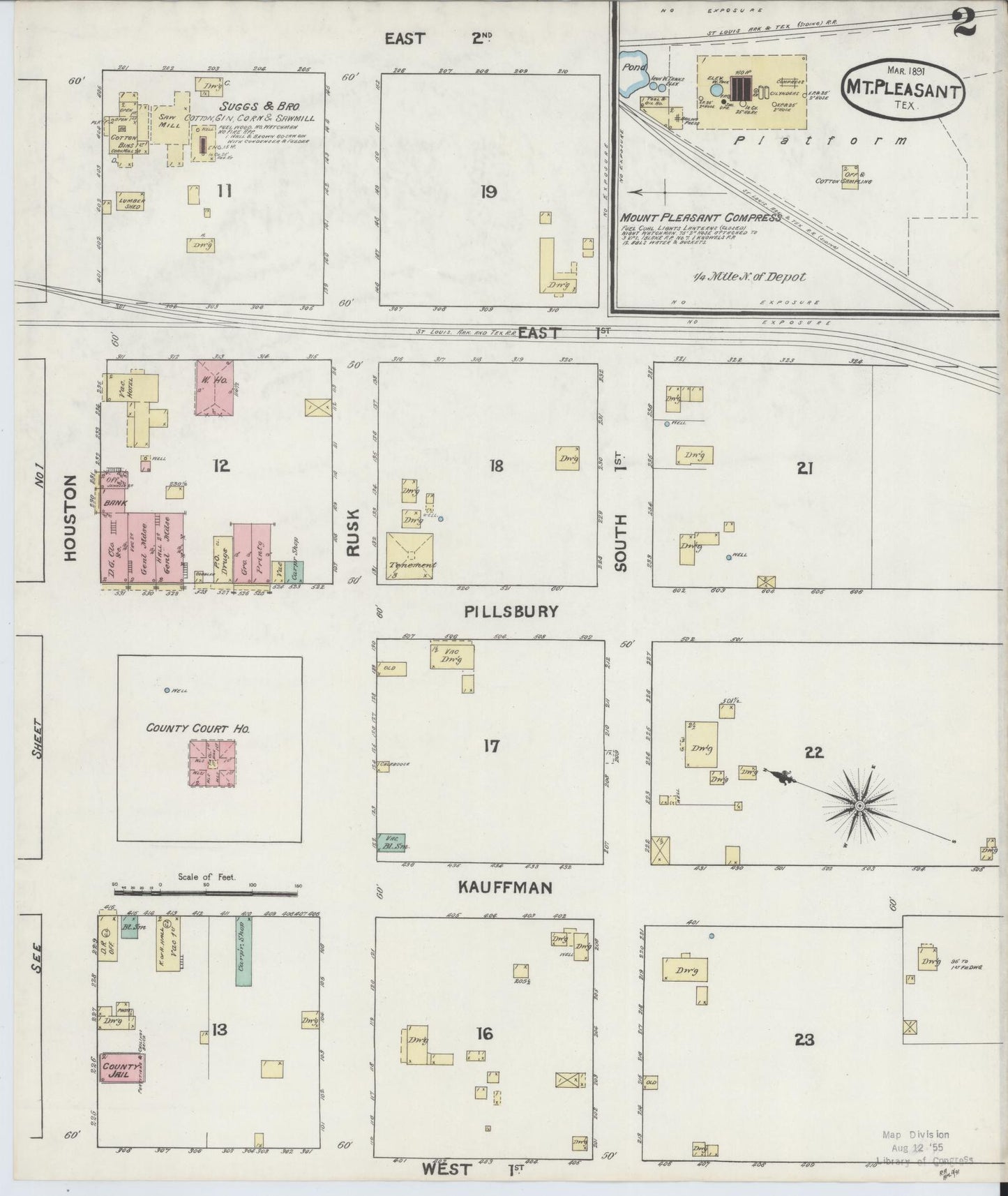 Sanborn Fire Insurance Map from Mount Pleasant, Titus County, Texas (1891), Sheet #0002 - Historic Sanborn Fire Insurance Map Print, vintage old map wall art, antique decor, genealogy gift, Texas Texas map