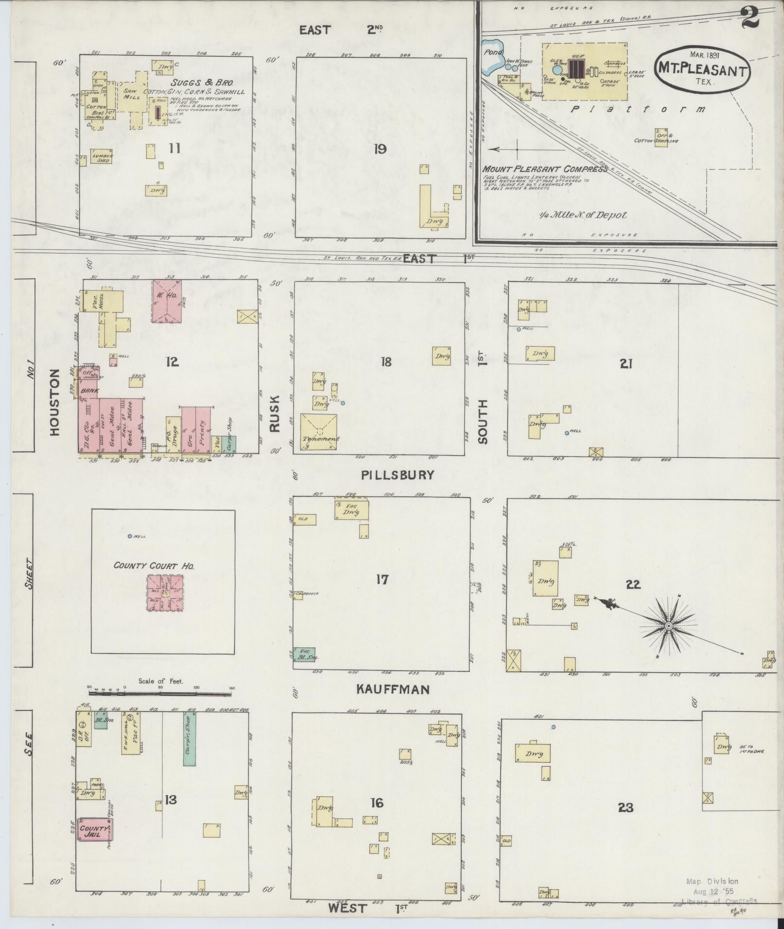Sanborn Fire Insurance Map from Mount Pleasant, Titus County, Texas (1891), Sheet #0002 - Historic Sanborn Fire Insurance Map Print, vintage old map wall art, antique decor, genealogy gift, Texas Texas map