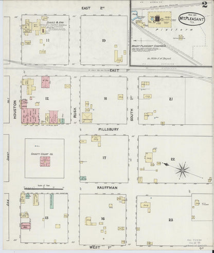 Sanborn Fire Insurance Map from Mount Pleasant, Titus County, Texas (1891), Sheet #0002 - Historic Sanborn Fire Insurance Map Print, vintage old map wall art, antique decor, genealogy gift, Texas Texas map