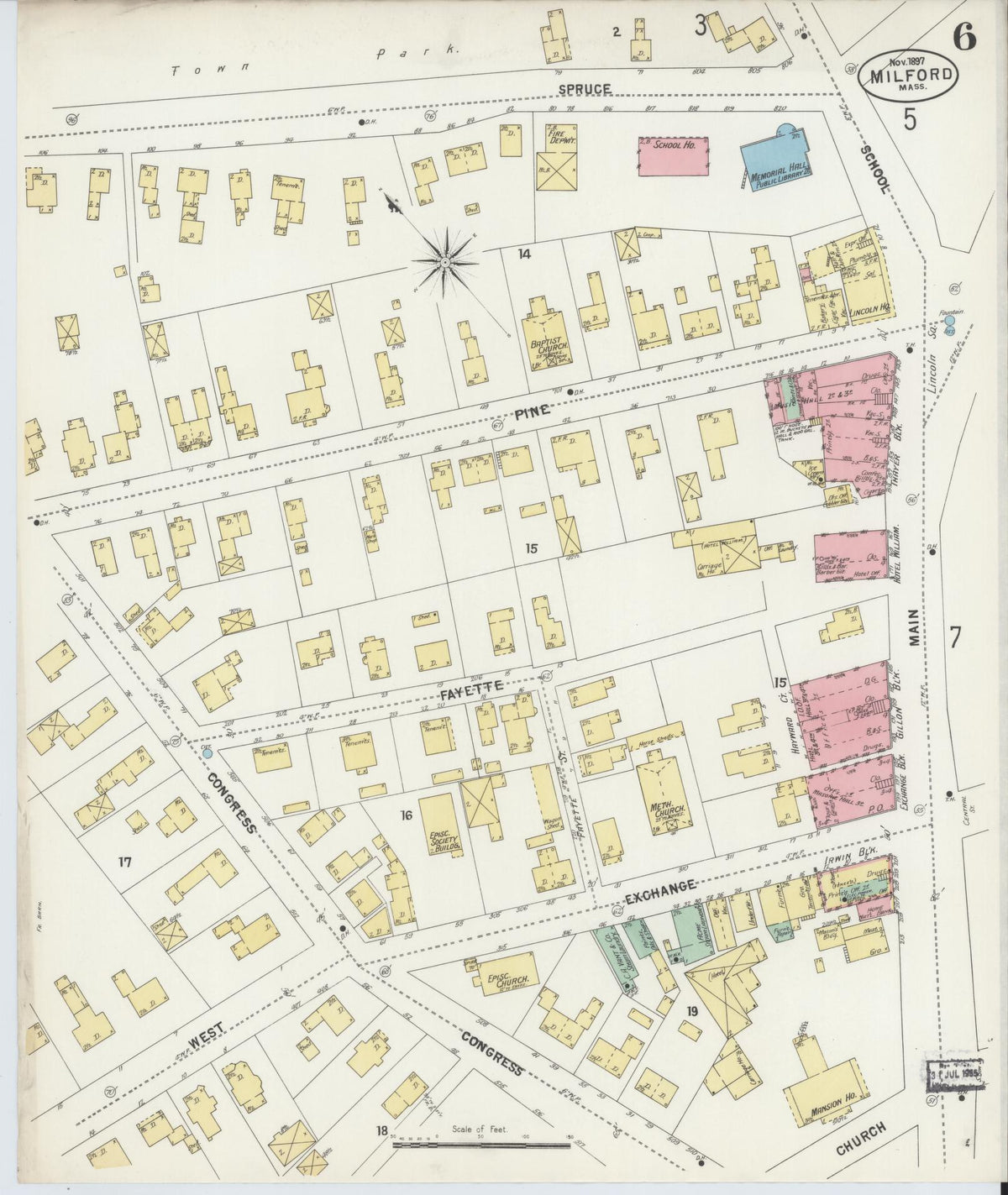 Sanborn Fire Insurance Map from Milford, Worcester County, Massachusetts (1897), Sheet #0006 - Historic Sanborn Fire Insurance Map Print, vintage old map wall art, antique decor, genealogy gift, Massachusetts Massachusetts map