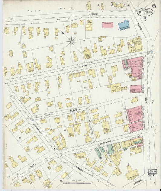 Sanborn Fire Insurance Map from Milford, Worcester County, Massachusetts (1897), Sheet #0006 - Historic Sanborn Fire Insurance Map Print, vintage old map wall art, antique decor, genealogy gift, Massachusetts Massachusetts map