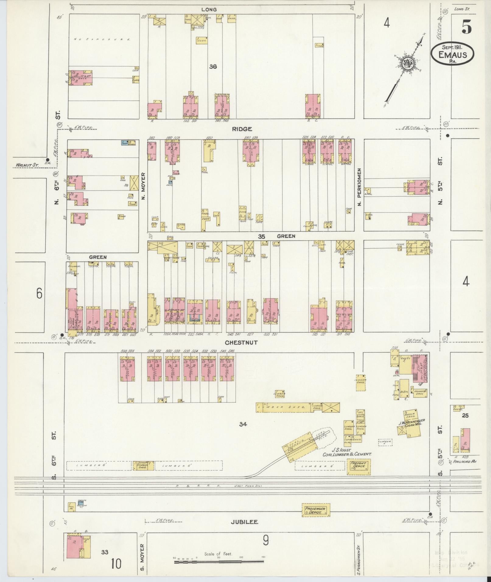 Sanborn Fire Insurance Map from Emaus, Lehigh County, Pennsylvania (1911), Sheet #0005 - Historic Sanborn Fire Insurance Map Print, vintage old map wall art, antique decor, genealogy gift, Pennsylvania Pennsylvania map