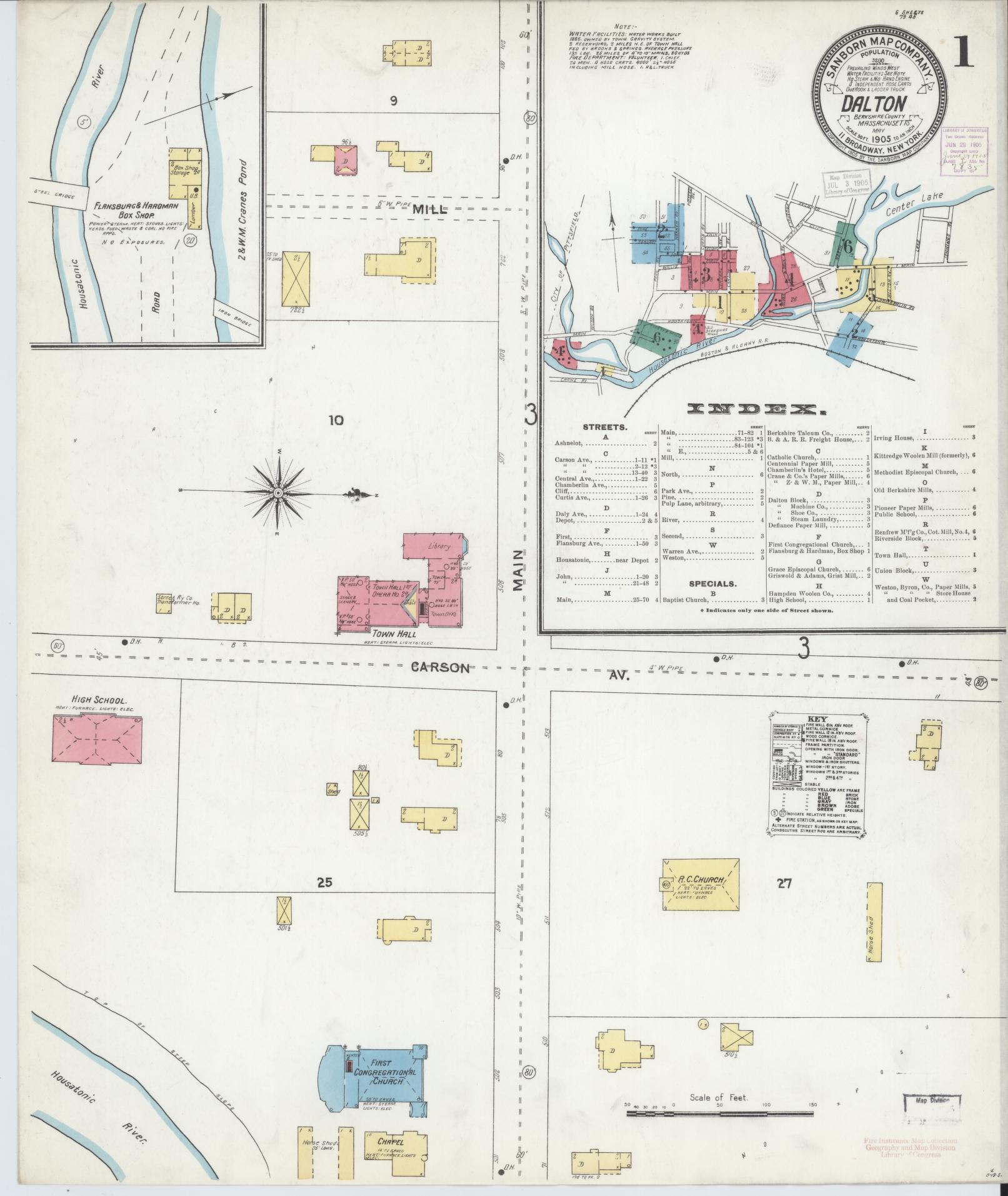 Sanborn Fire Insurance Map from Dalton, Berkshire County, Massachusetts (1905), Sheet #0001 - Complete Map Set gallery image, historic Sanborn map, vintage wall art, Massachusetts Massachusetts