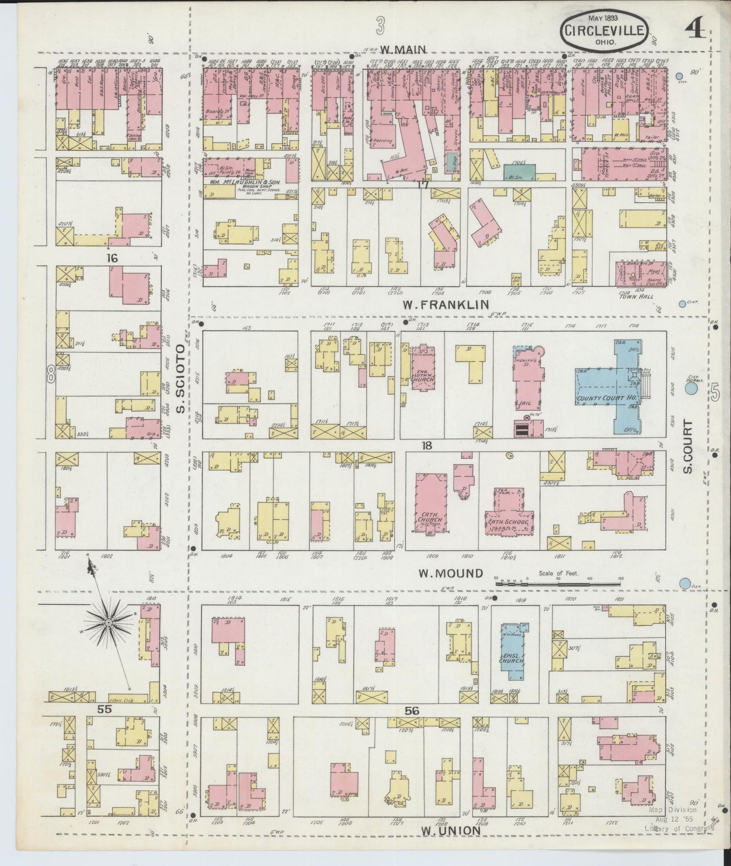 Sanborn Fire Insurance Map from Circleville, Pickaway County, Ohio (1893), Sheet #0004 - Historic Sanborn Fire Insurance Map Print, vintage old map wall art, antique decor, genealogy gift, Ohio Ohio map