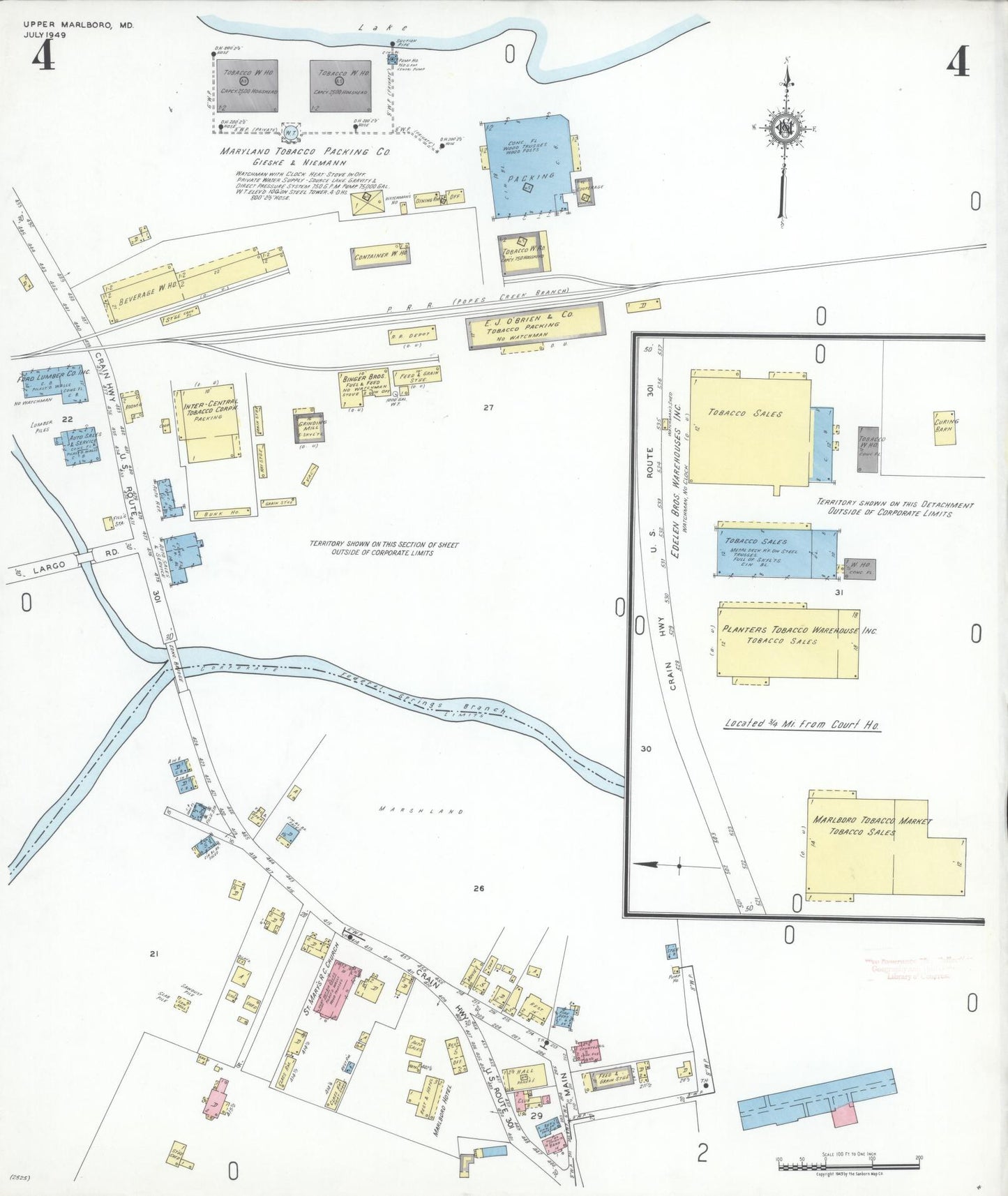 Sanborn Fire Insurance Map from Upper Marlboro, Prince Georges County, Maryland (1949), Sheet #0004 - Historic Sanborn Fire Insurance Map Print, vintage old map wall art, antique decor, genealogy gift, Maryland Maryland map