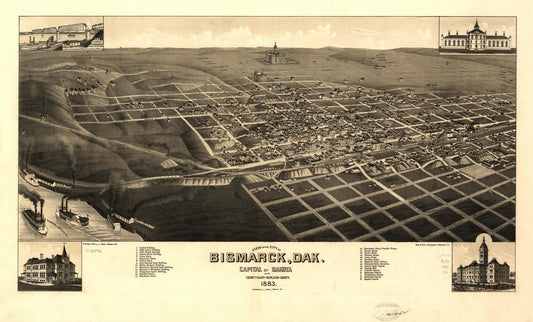 View of the city of Bismarck, Dak. Capital of Dakota and county-seat of Burleigh-County 1883. (1883) – Historic Bird’s-Eye View Panorama Print
