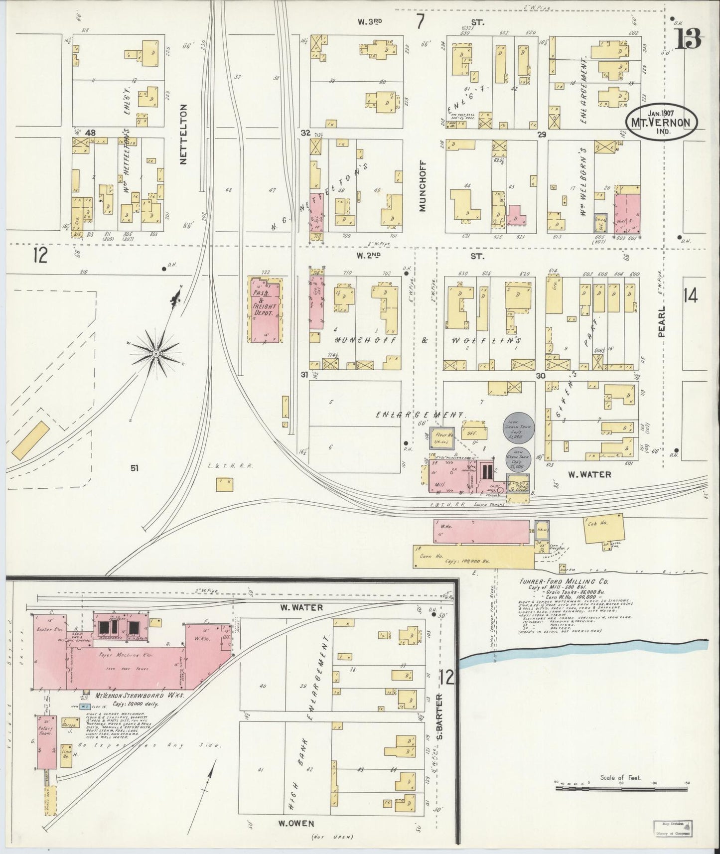 Sanborn Fire Insurance Map from Mount Vernon, Posey County, Indiana (1907), Sheet #0013 - Complete Map Set gallery image, historic Sanborn map, vintage wall art, Indiana Indiana