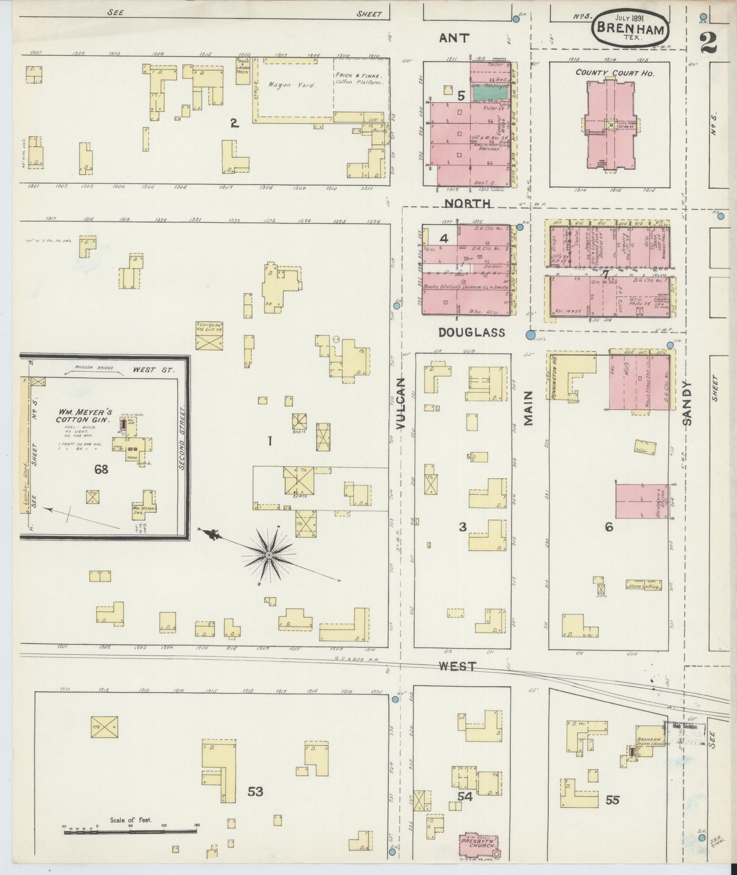 Sanborn Fire Insurance Map from Brenham, Washington County, Texas (1891), Sheet #0002 - Historic Sanborn Fire Insurance Map Print, vintage old map wall art, antique decor, genealogy gift, Texas Texas map