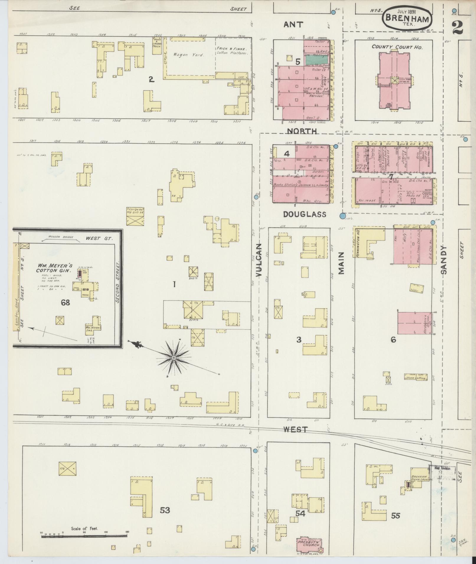 Sanborn Fire Insurance Map from Brenham, Washington County, Texas (1891), Sheet #0002 - Historic Sanborn Fire Insurance Map Print, vintage old map wall art, antique decor, genealogy gift, Texas Texas map