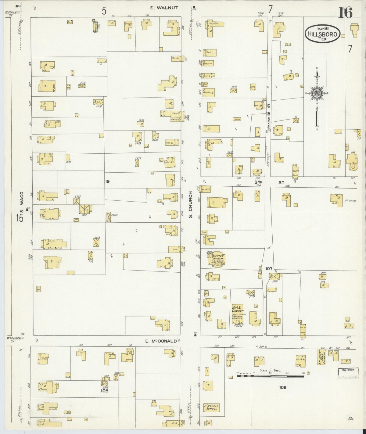 Sanborn Fire Insurance Map from Hillsboro, Hill County, Texas (1911), Sheet #0016 - Complete Map Set gallery image, historic Sanborn map, vintage wall art, Texas Texas
