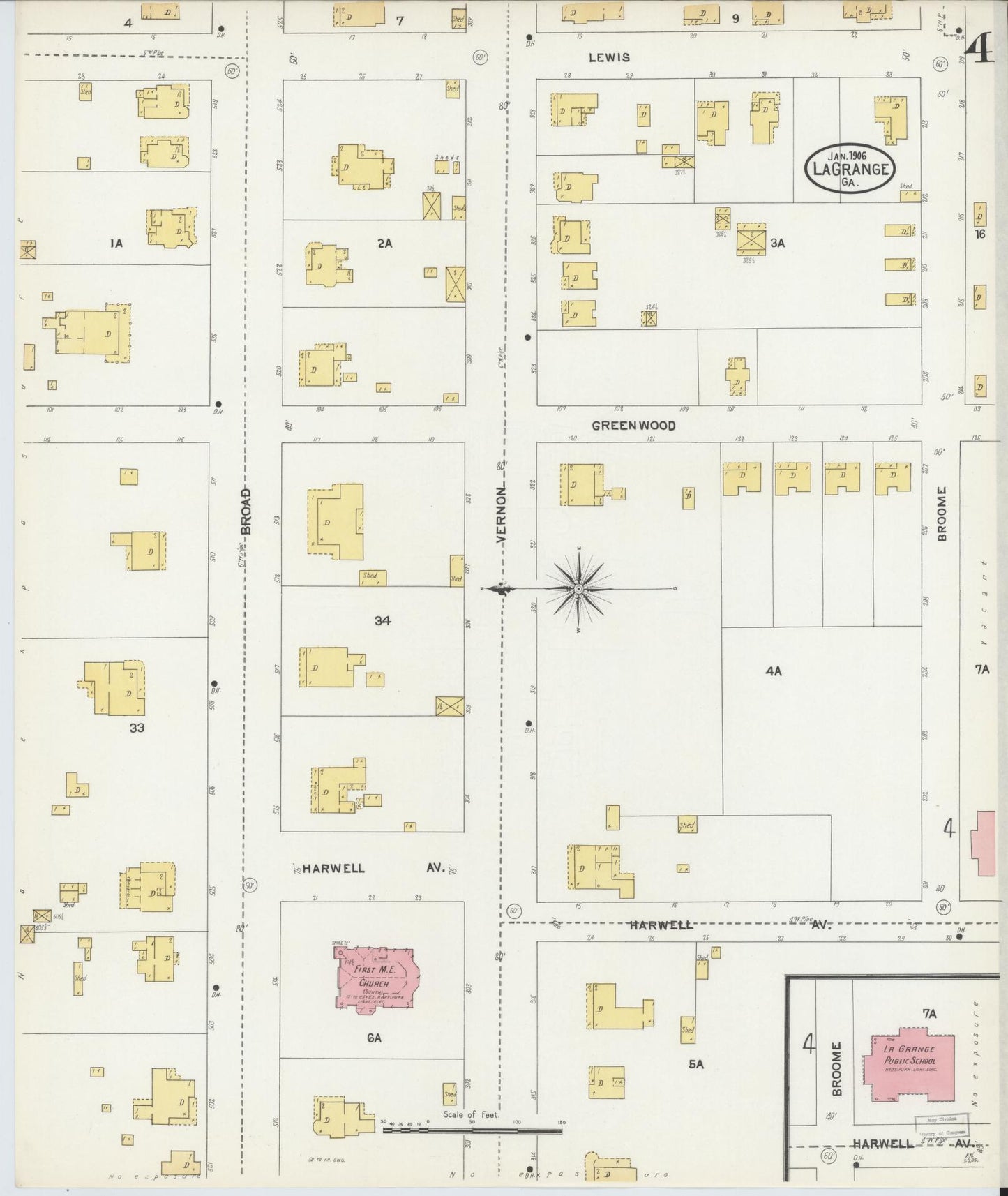 Sanborn Fire Insurance Map from La Grange, Troup County, Georgia (1906), Sheet #0004 - Complete Map Set gallery image, historic Sanborn map, vintage wall art, Georgia Georgia