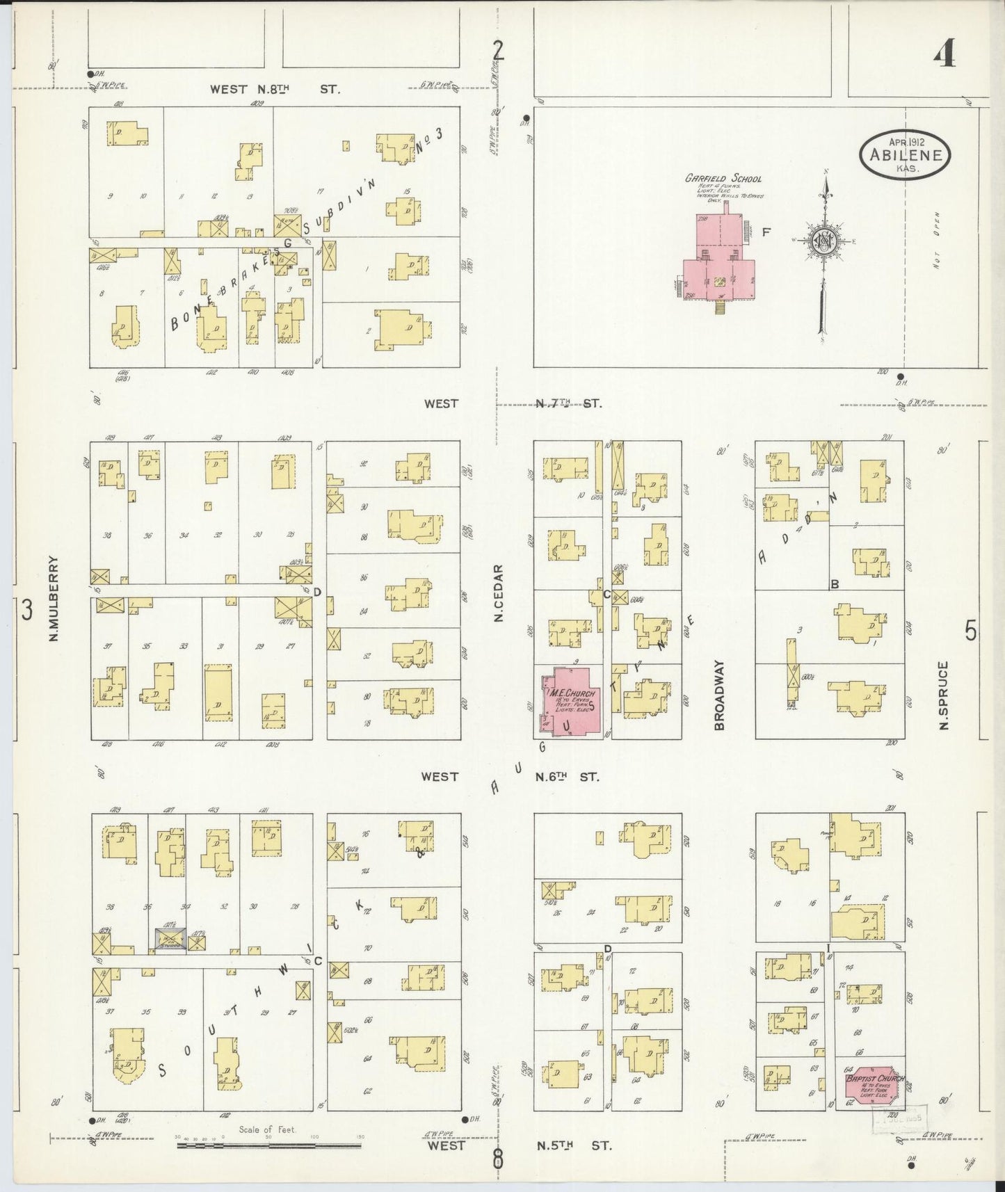 Sanborn Fire Insurance Map from Abilene, Dickinson County, Kansas (1912), Sheet #0004 - Historic Sanborn Fire Insurance Map Print, vintage old map wall art, antique decor, genealogy gift, Kansas Kansas map
