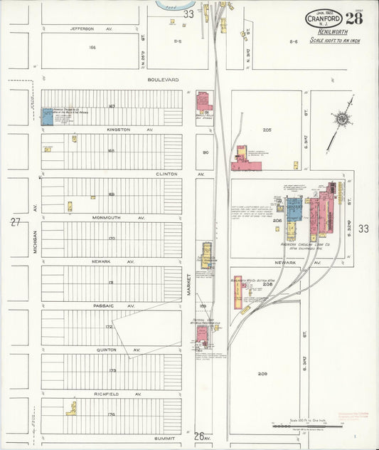 Sanborn Fire Insurance Map from Cranford, Union County, New Jersey (1922), Sheet #0028 - Historic Sanborn Fire Insurance Map Print, vintage old map wall art, antique decor, genealogy gift, New Jersey New Jersey map