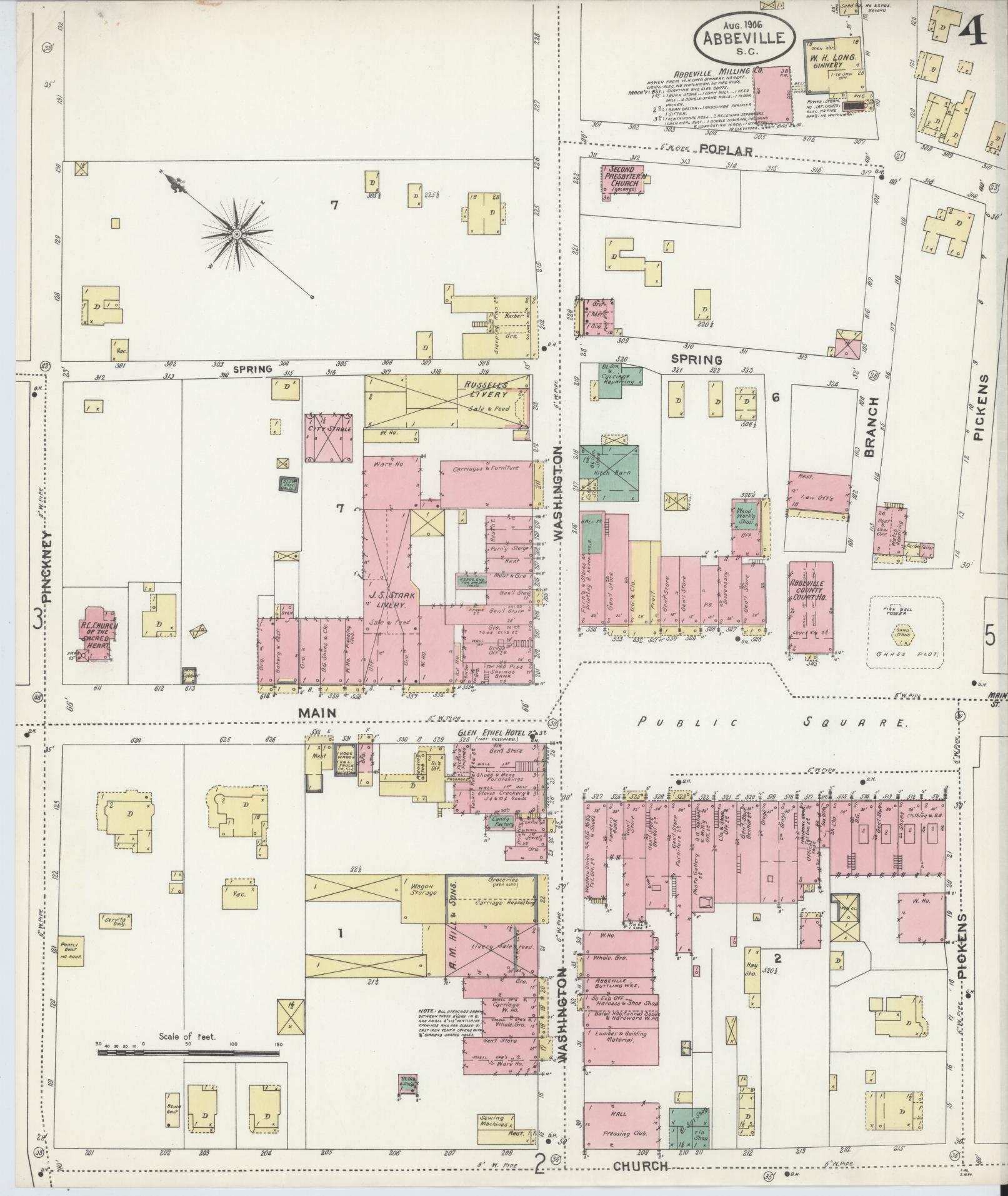 Sanborn Fire Insurance Map from Abbeville, Abbeville County, South Carolina (1906), Sheet #0004 - Historic Sanborn Fire Insurance Map Print, vintage old map wall art, antique decor, genealogy gift, South Carolina South Carolina map