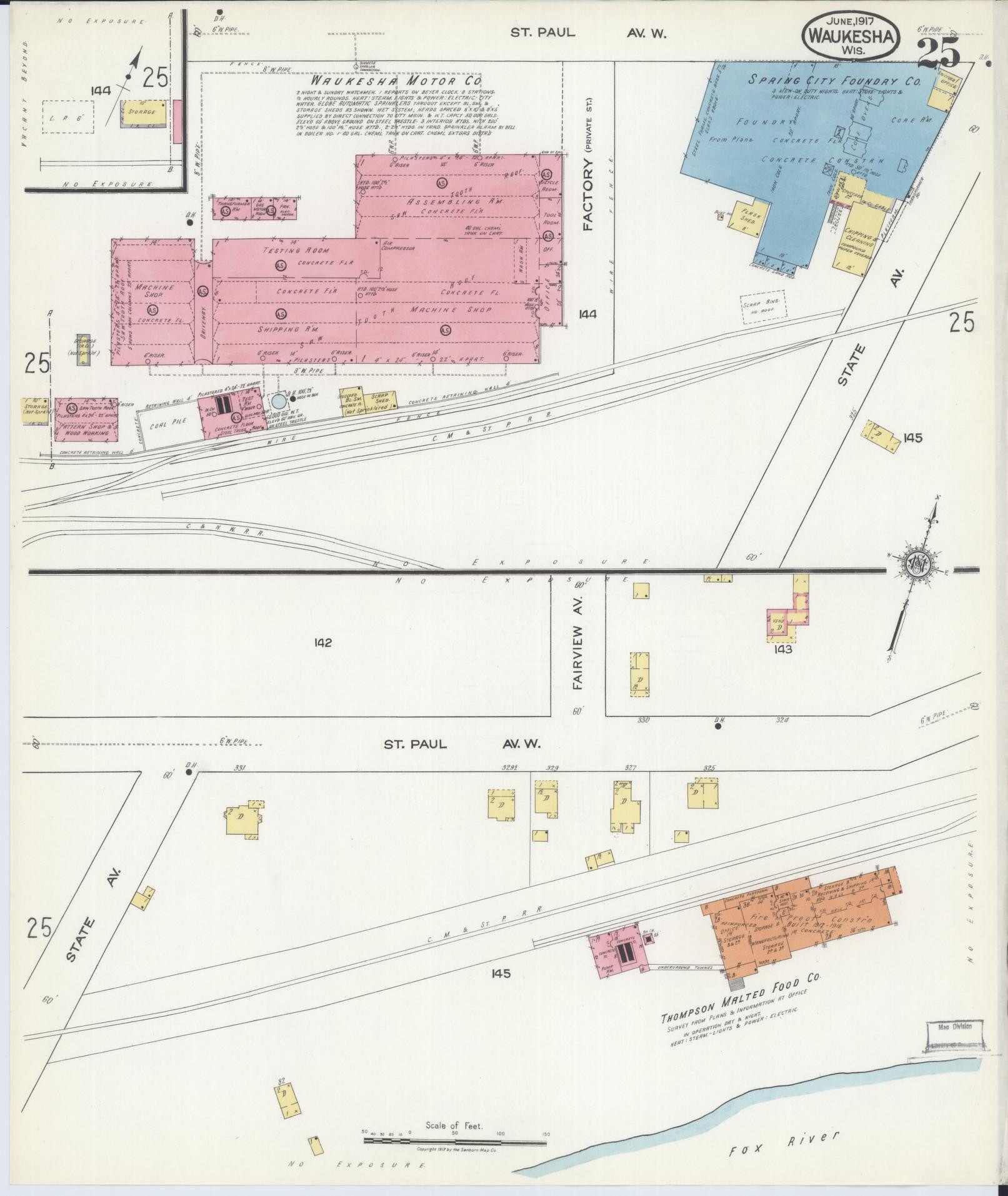 Sanborn Fire Insurance Map from Waukesha, Waukesha County, Wisconsin (1917), Sheet #0025 - Historic Sanborn Fire Insurance Map Print, vintage old map wall art, antique decor, genealogy gift, Wisconsin Wisconsin map