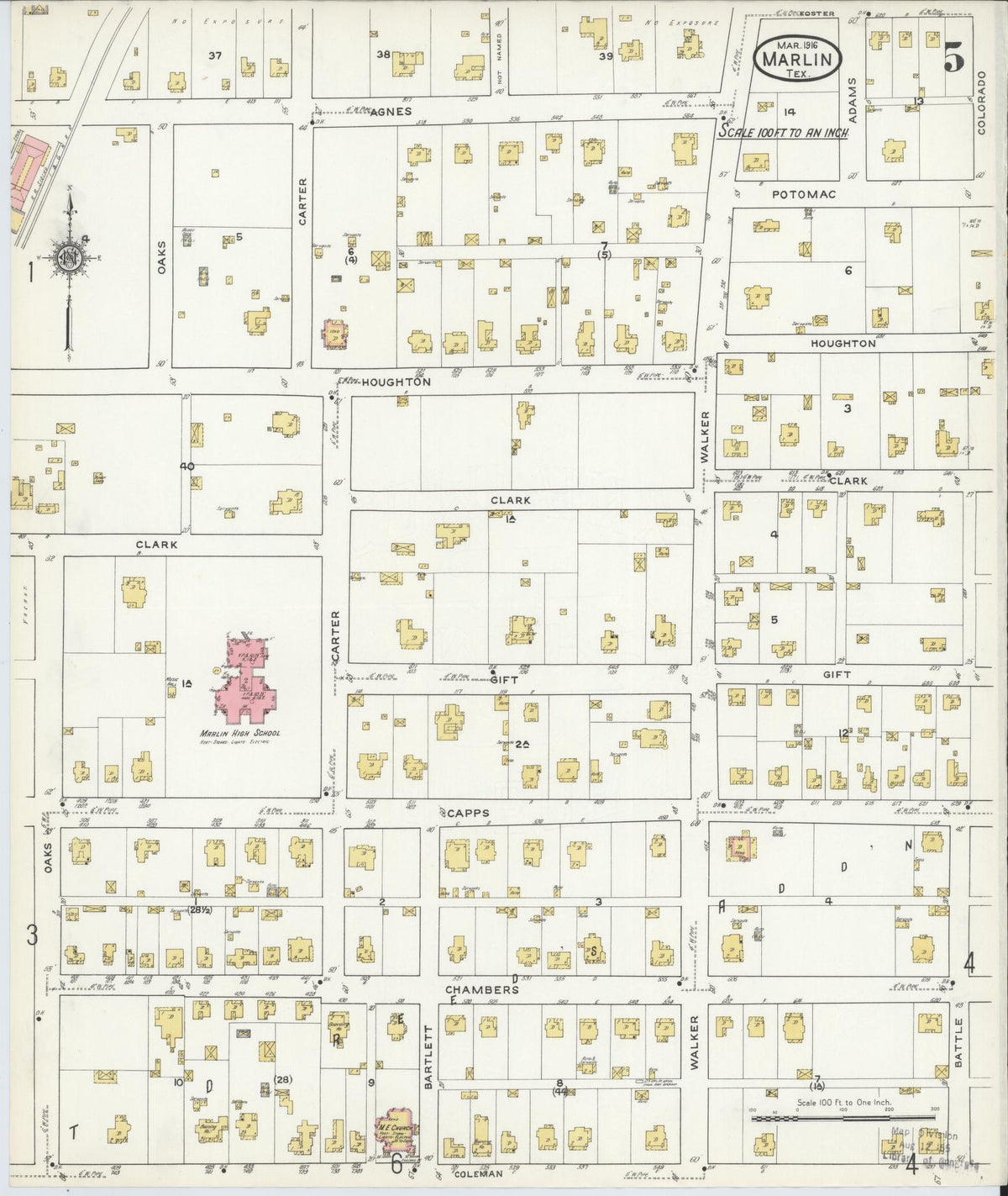 Sanborn Fire Insurance Map from Marlin, Falls County, Texas (1916), Sheet #0005 - Complete Map Set gallery image, historic Sanborn map, vintage wall art, Texas Texas