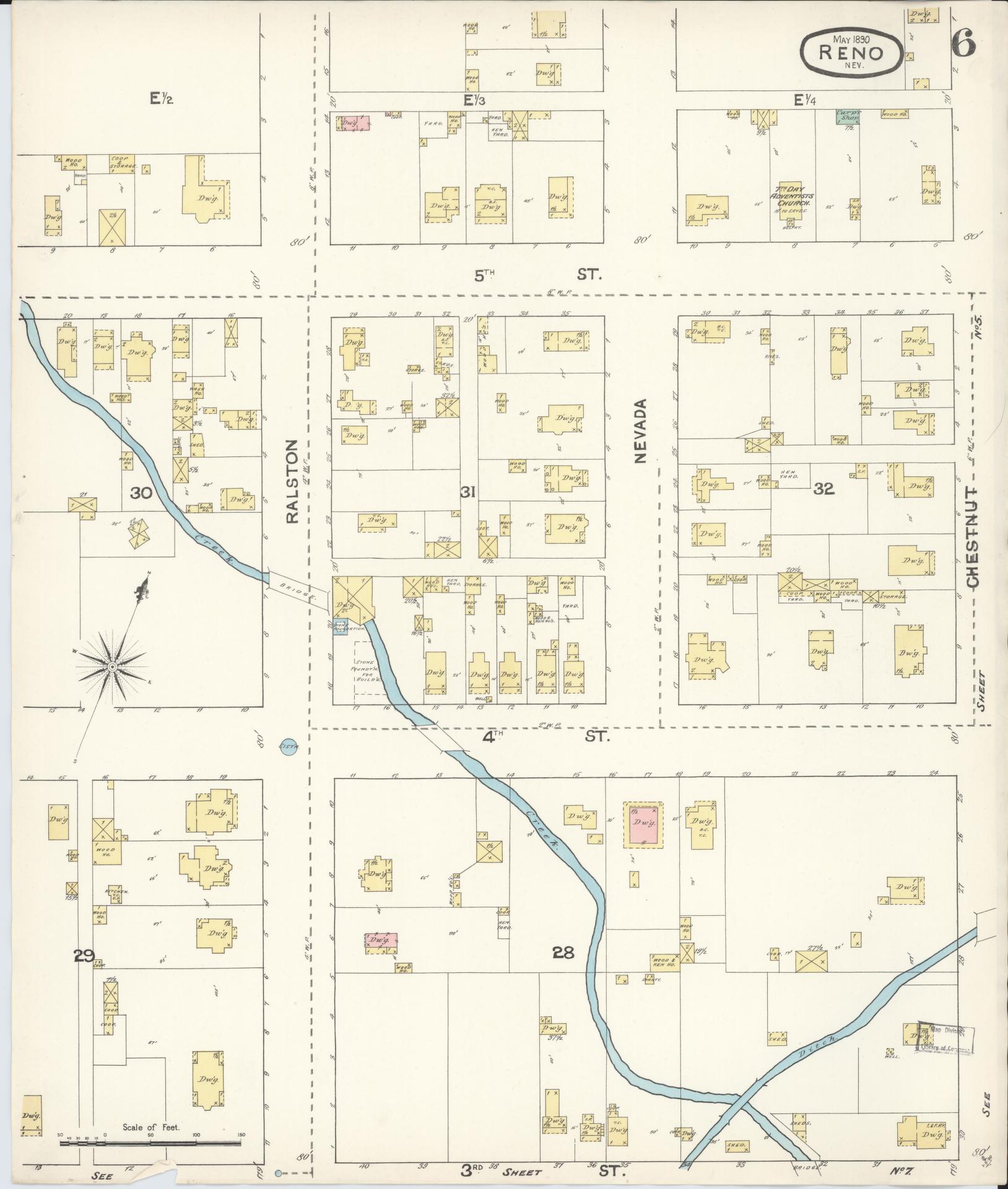 Sanborn Fire Insurance Map from Reno, Washoe County, Nevada (1890), Sheet #0006 - Historic Sanborn Fire Insurance Map Print, vintage old map wall art, antique decor, genealogy gift, Nevada Nevada map