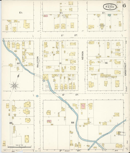 Sanborn Fire Insurance Map from Reno, Washoe County, Nevada (1890), Sheet #0006 - Historic Sanborn Fire Insurance Map Print, vintage old map wall art, antique decor, genealogy gift, Nevada Nevada map