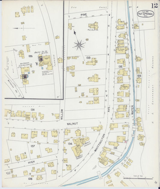 Sanborn Fire Insurance Map from Hot Springs, Garland County, Arkansas (1892), Sheet #0012 - Historic Sanborn Fire Insurance Map Print, vintage old map wall art, antique decor, genealogy gift, Arkansas Arkansas map