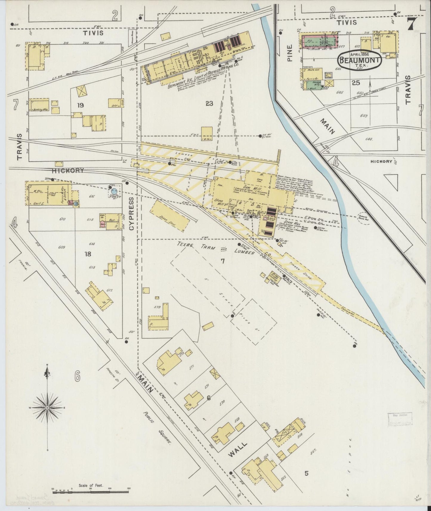 Sanborn Fire Insurance Map from Beaumont, Jefferson County, Texas (1894), Sheet #0007 - Complete Map Set gallery image, historic Sanborn map, vintage wall art, Texas Texas