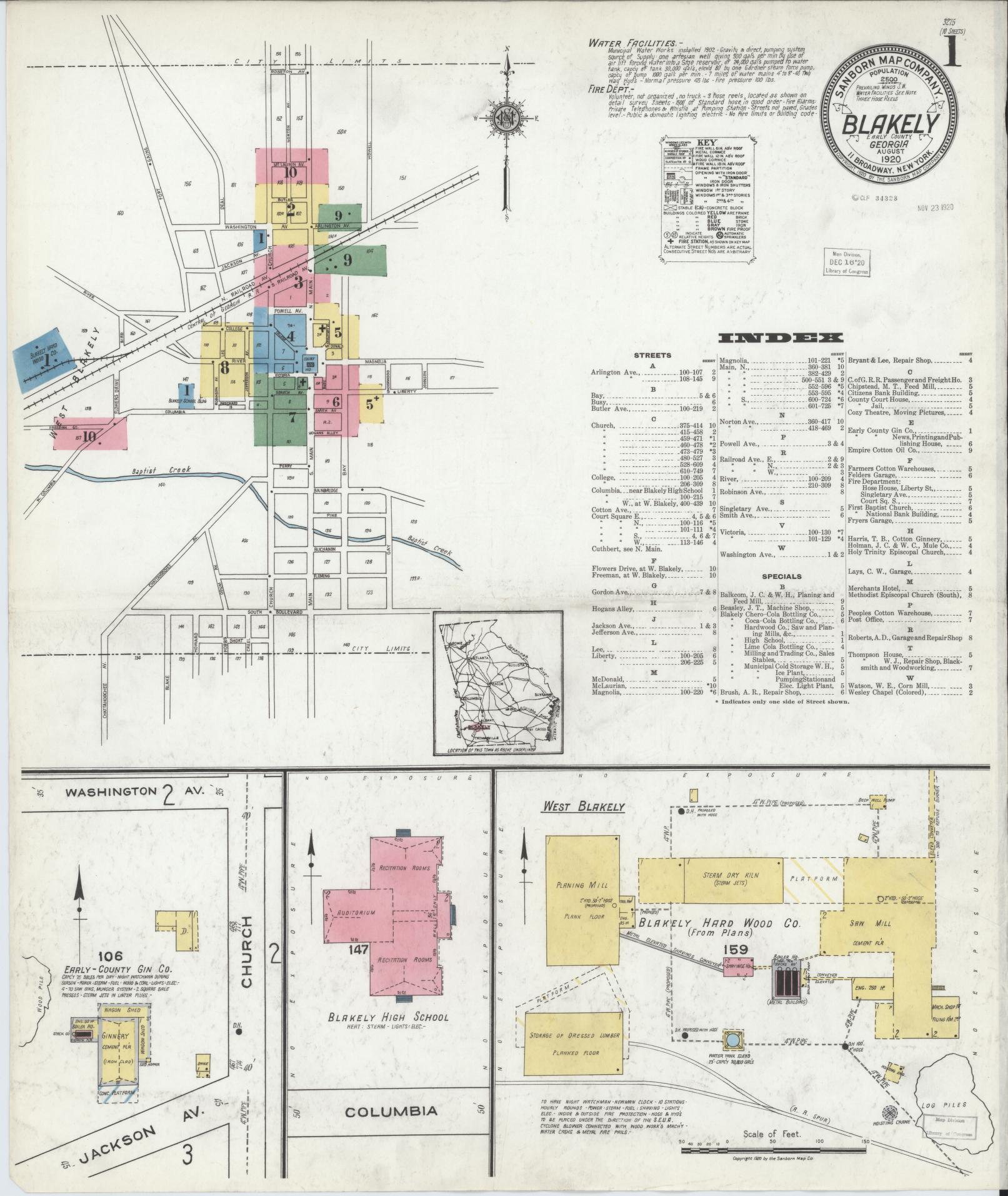 Sanborn Fire Insurance Map from Blakely, Early County, Georgia (1920), Sheet #0001 - Historic Sanborn Fire Insurance Map Print, vintage old map wall art, antique decor, genealogy gift, Georgia Georgia map
