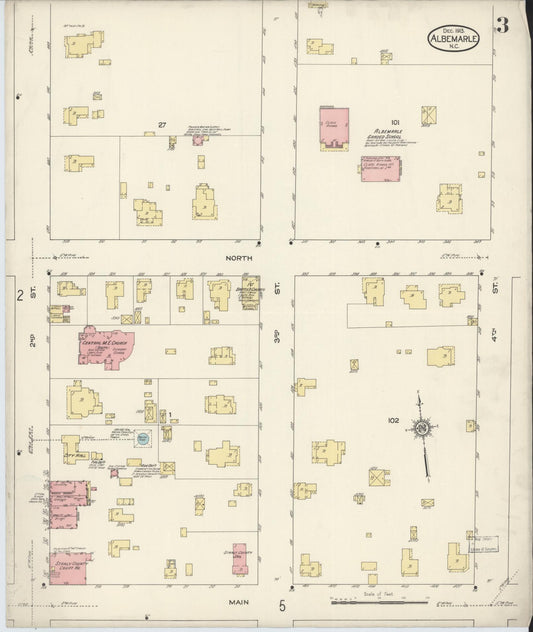 Sanborn Fire Insurance Map from Albemarle, Stanley County, North Carolina (1913), Sheet #0003 - Historic Sanborn Fire Insurance Map Print, vintage old map wall art, antique decor, genealogy gift, North Carolina North Carolina map