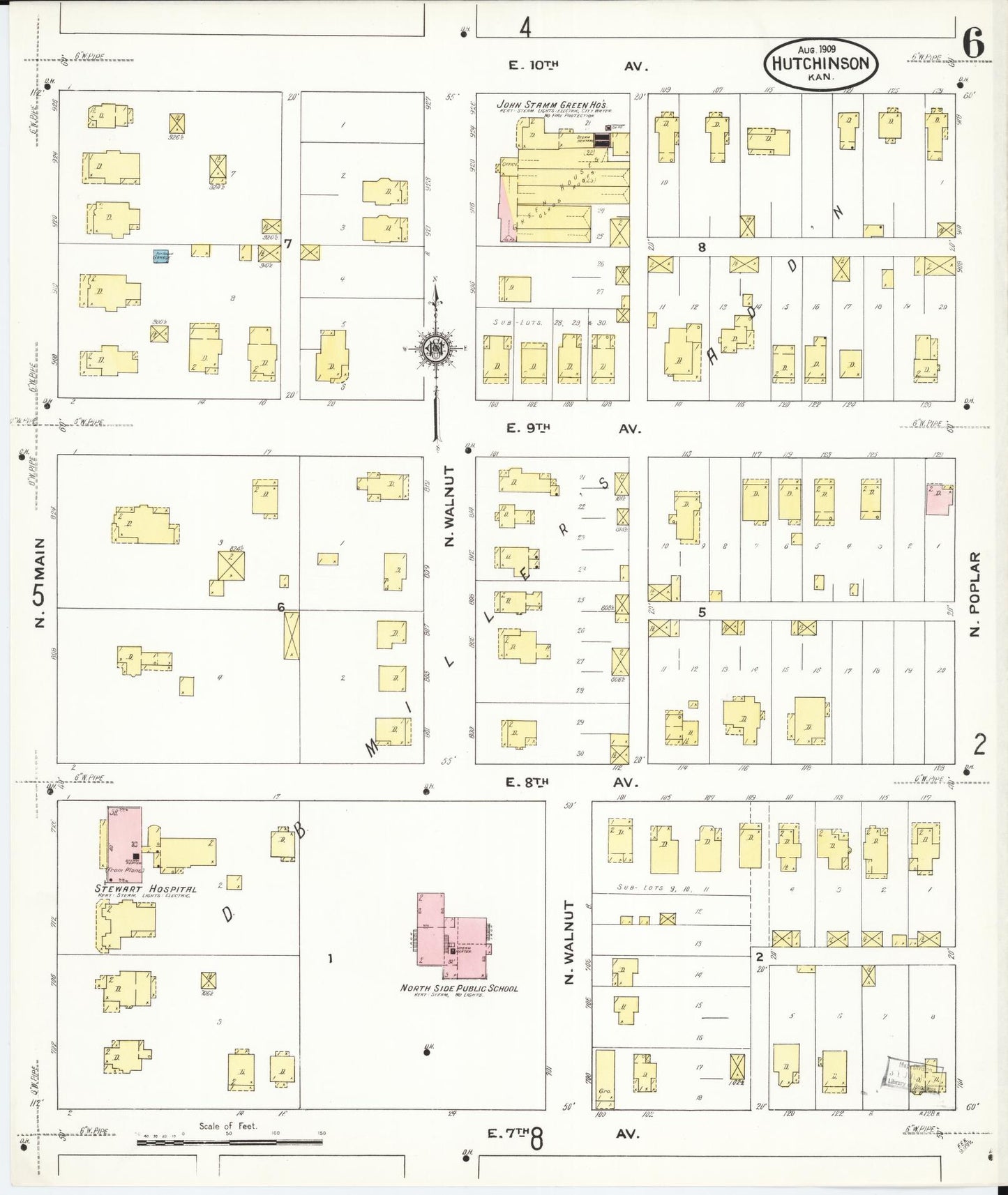 Sanborn Fire Insurance Map from Hutchinson, Reno County, Kansas (1909), Sheet #0006 - Complete Map Set gallery image, historic Sanborn map, vintage wall art, Kansas Kansas