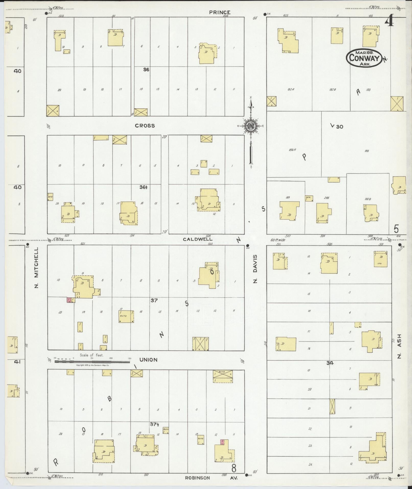 Sanborn Fire Insurance Map from Conway, Faulkner County, Arkansas (1919), Sheet #0004 - Complete Map Set gallery image, historic Sanborn map, vintage wall art, Arkansas Arkansas