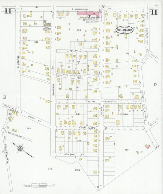 Sanborn Fire Insurance Map from Burlington, Alamance County, North Carolina (1929), Sheet #0011 - Historic Sanborn Fire Insurance Map Print, vintage old map wall art, antique decor, genealogy gift, North Carolina North Carolina map