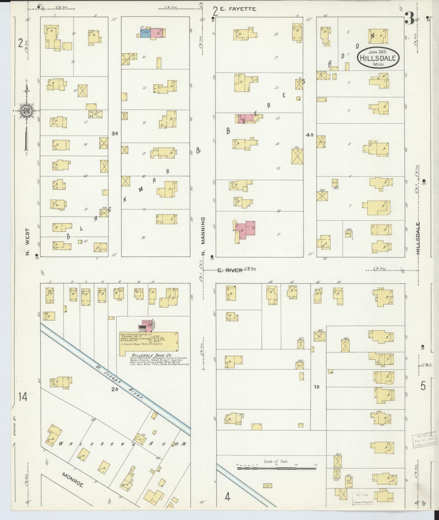 Sanborn Fire Insurance Map from Hillsdale, Hillsdale County, Michigan (1913), Sheet #0003 - Complete Map Set gallery image, historic Sanborn map, vintage wall art, Michigan Michigan