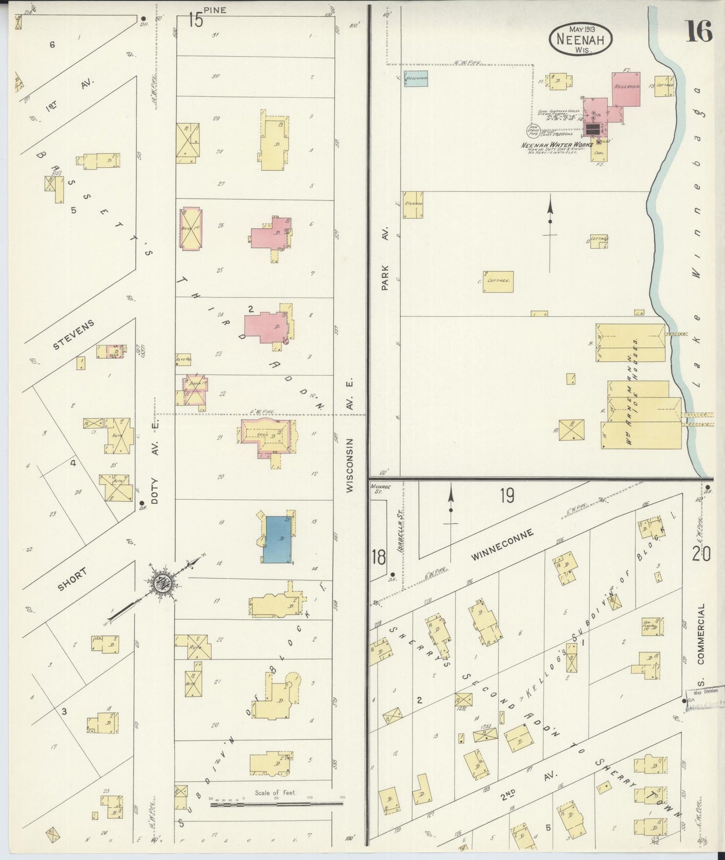 Sanborn Fire Insurance Map from Neenah, Winnebago County, Wisconsin (1913), Sheet #0016 - Complete Map Set gallery image, historic Sanborn map, vintage wall art, Wisconsin Wisconsin
