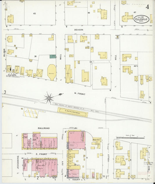 Sanborn Fire Insurance Map from Ellisville, Jones County, Mississippi (1909), Sheet #0004 - Historic Sanborn Fire Insurance Map Print, vintage old map wall art, antique decor, genealogy gift, Mississippi Mississippi map
