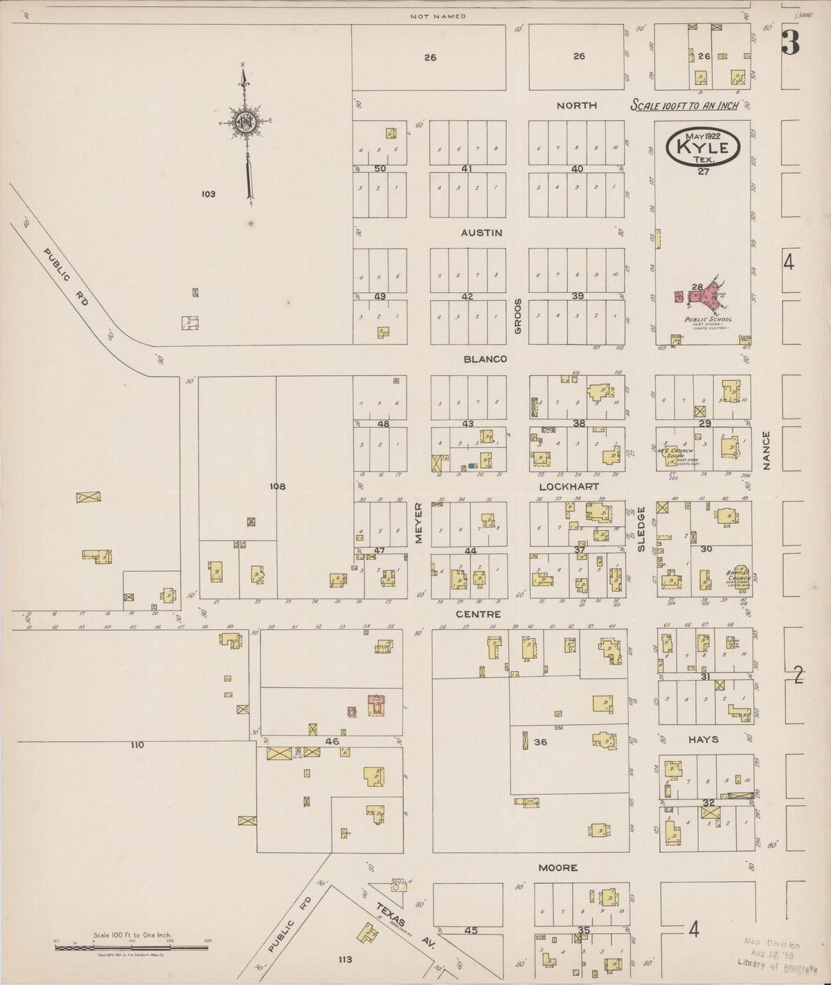 Sanborn Fire Insurance Map from Kyle, Hays County, Texas (1922), Sheet #0003 - Complete Map Set gallery image, historic Sanborn map, vintage wall art, Texas Texas