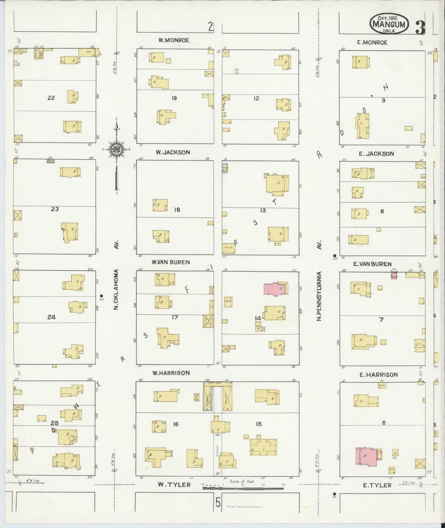 Sanborn Fire Insurance Map from Mangum, Greer County, Oklahoma (1916), Sheet #0003 - Historic Sanborn Fire Insurance Map Print, vintage old map wall art, antique decor, genealogy gift, Oklahoma Oklahoma map