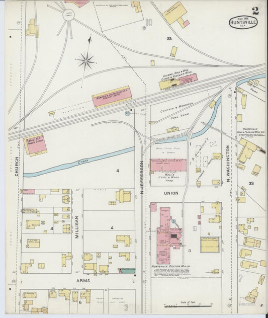 Sanborn Fire Insurance Map from Huntsville, Madison County, Alabama (1894), Sheet #0002 - Historic Sanborn Fire Insurance Map Print, vintage old map wall art, antique decor, genealogy gift, Alabama Alabama map