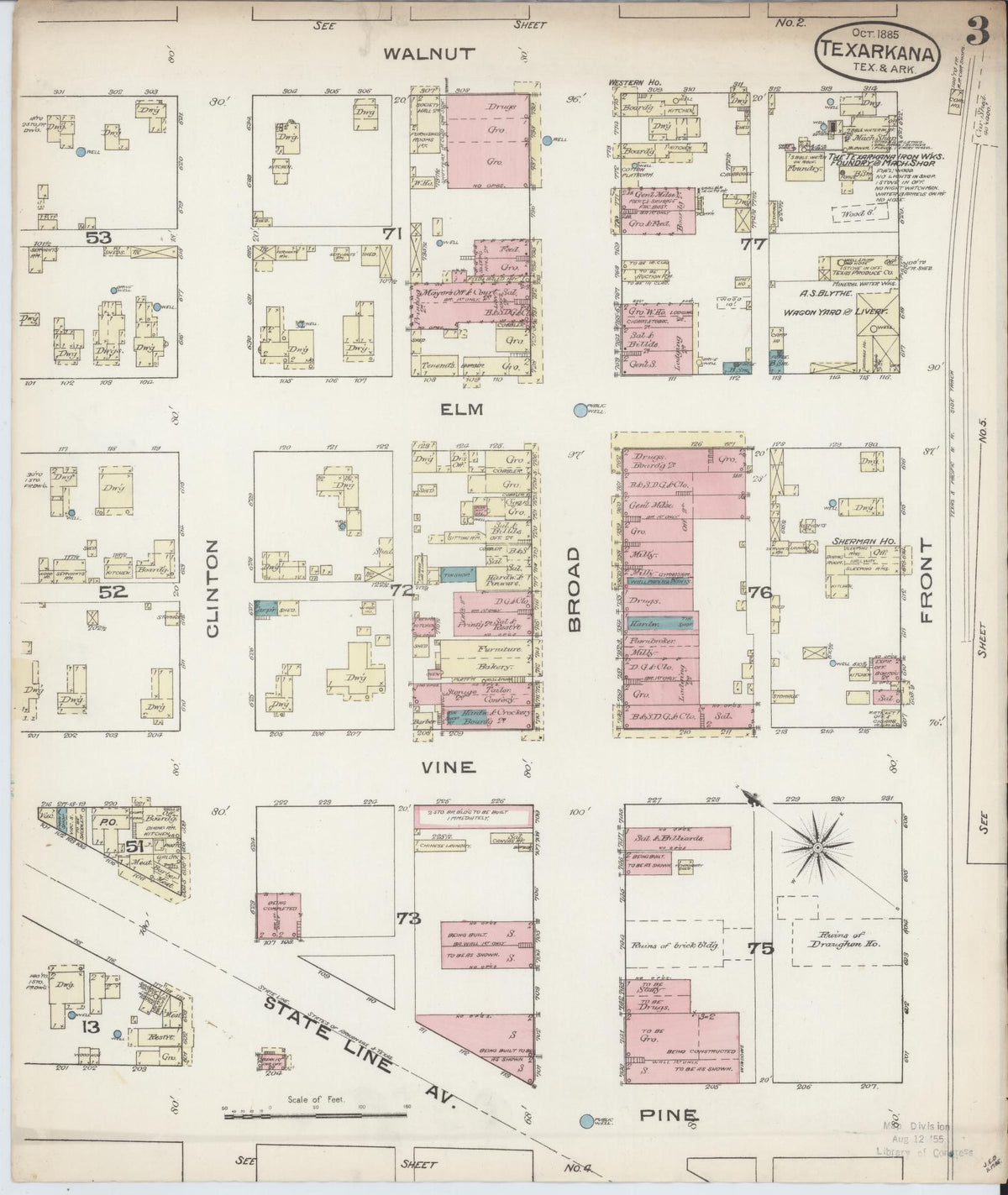 Sanborn Fire Insurance Map from Texarkana, Bowie County, Texas (1885), Sheet #0003 - Complete Map Set gallery image, historic Sanborn map, vintage wall art, Texas Texas