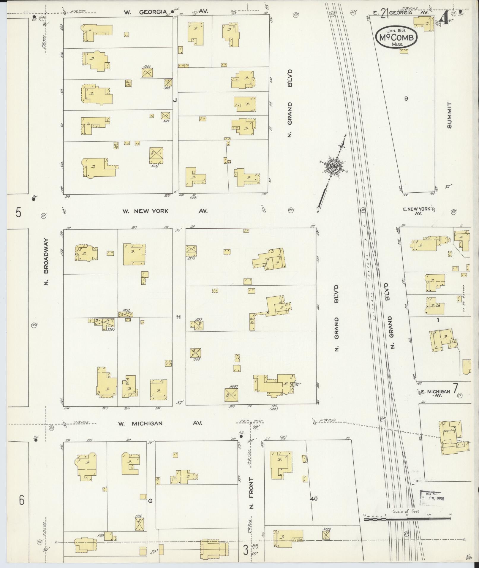 Sanborn Fire Insurance Map from McComb, Pike County, Mississippi (1913), Sheet #0004 - Historic Sanborn Fire Insurance Map Print, vintage old map wall art, antique decor, genealogy gift, Mississippi Mississippi map