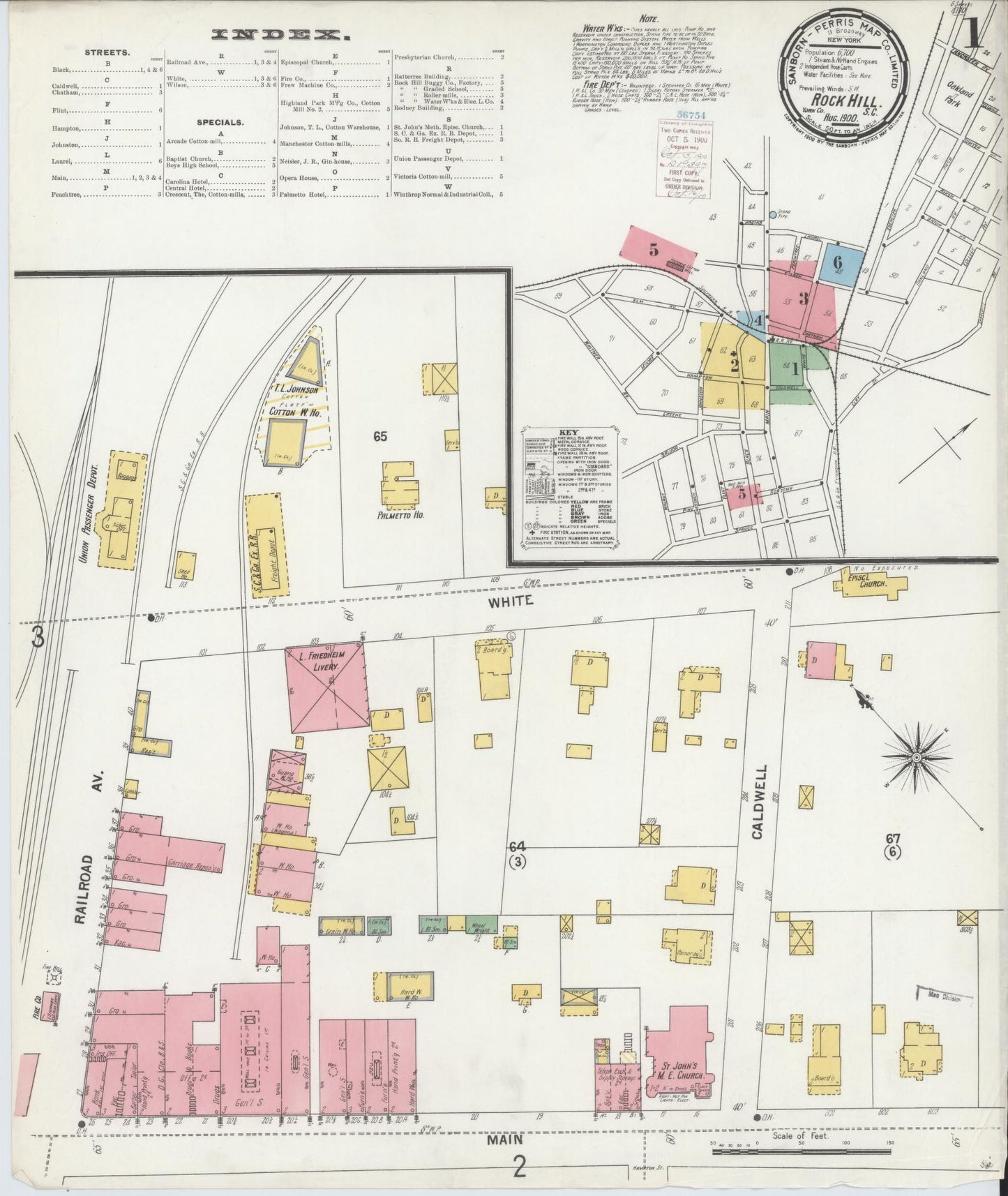 Sanborn Fire Insurance Map from Rock Hill, York County, South Carolina (1900), Sheet #0001 - Complete Map Set gallery image, historic Sanborn map, vintage wall art, South Carolina South Carolina