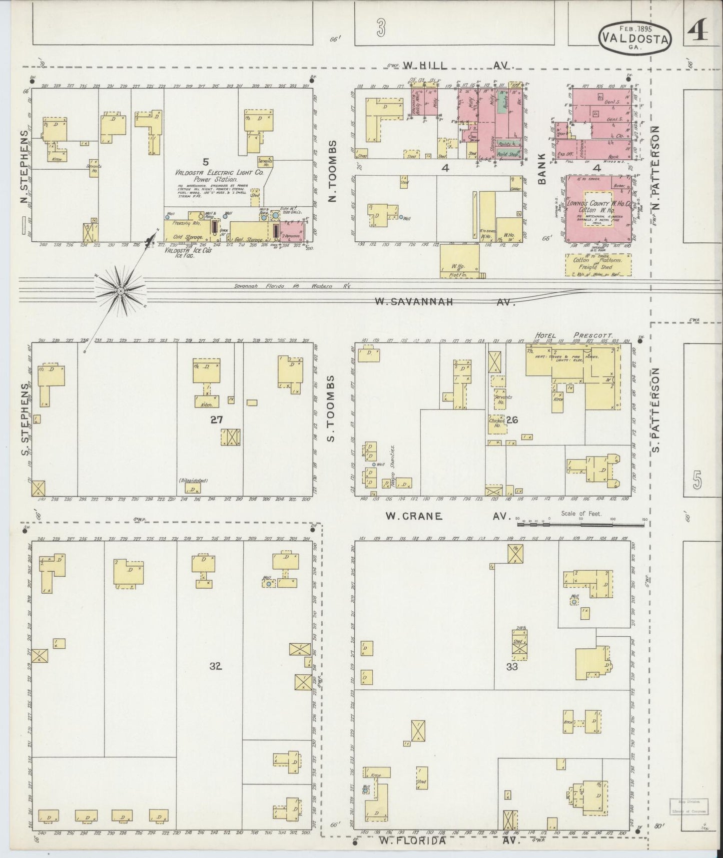 Sanborn Fire Insurance Map from Valdosta, Lowndes County, Georgia (1895), Sheet #0004 - Historic Sanborn Fire Insurance Map Print, vintage old map wall art, antique decor, genealogy gift, Georgia Georgia map