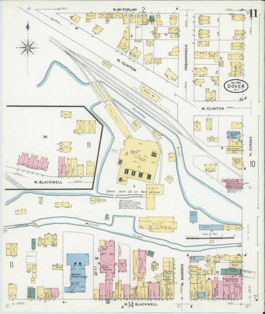 Sanborn Fire Insurance Map from Dover, Morris County, New Jersey (1909), Sheet #0011 - Historic Sanborn Fire Insurance Map Print, vintage old map wall art, antique decor, genealogy gift, New Jersey New Jersey map