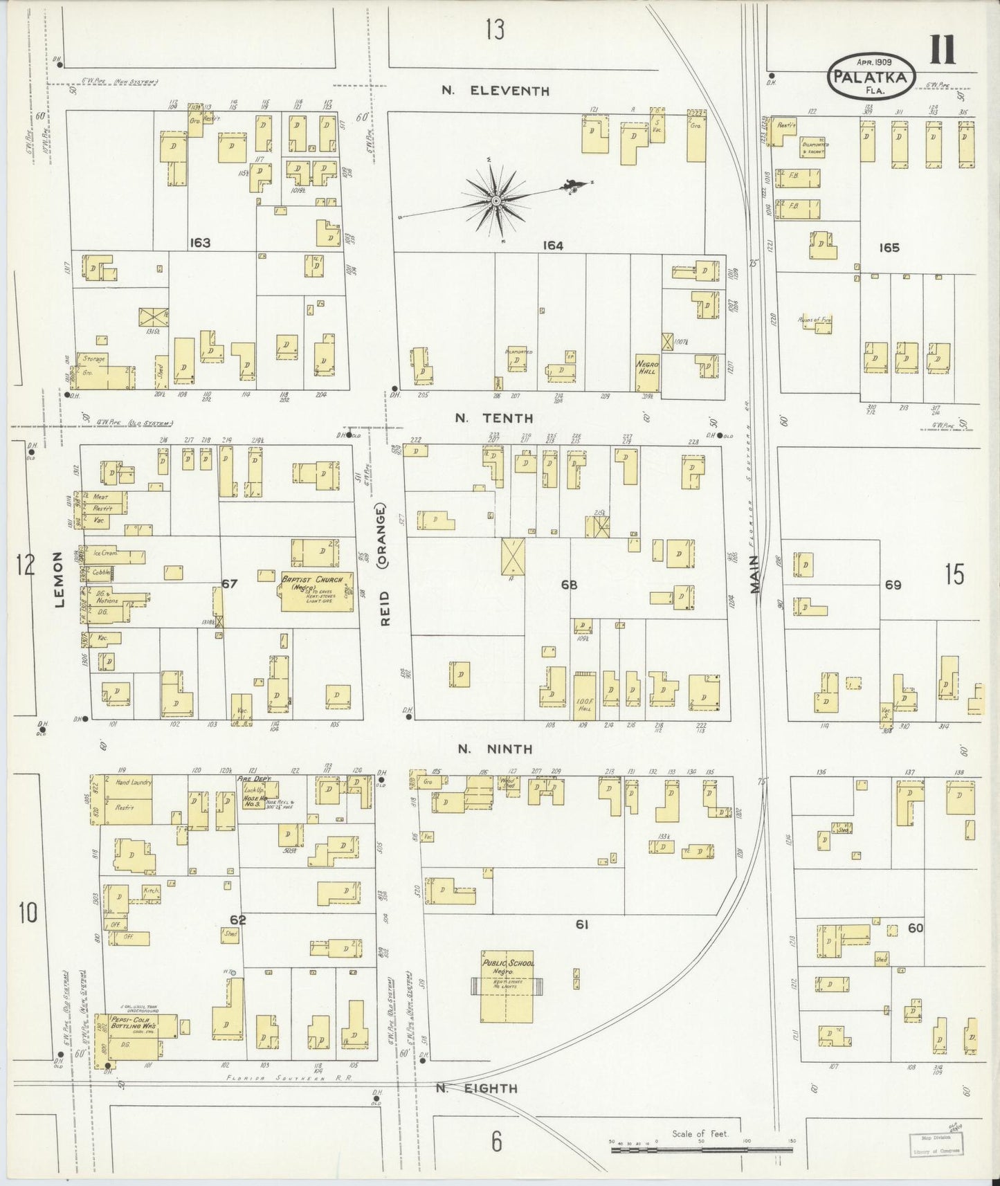 Sanborn Fire Insurance Map from Palatka, Putnam County, Florida (1909), Sheet #0011 - Complete Map Set gallery image, historic Sanborn map, vintage wall art, Florida Florida