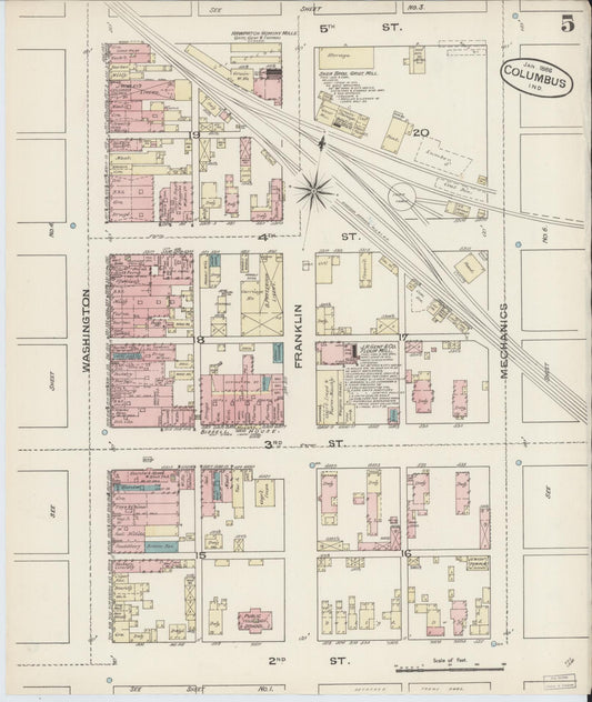 Sanborn Fire Insurance Map from Columbus, Bartholomew County, Indiana (1886), Sheet #0005 - Historic Sanborn Fire Insurance Map Print, vintage old map wall art, antique decor, genealogy gift, Indiana Indiana map