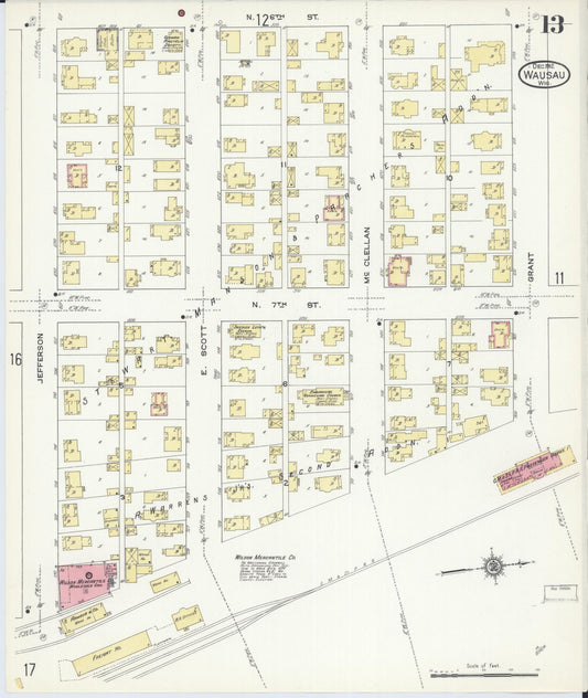Sanborn Fire Insurance Map from Wausau, Marathon County, Wisconsin (1912), Sheet #0013 - Historic Sanborn Fire Insurance Map Print, vintage old map wall art, antique decor, genealogy gift, Wisconsin Wisconsin map