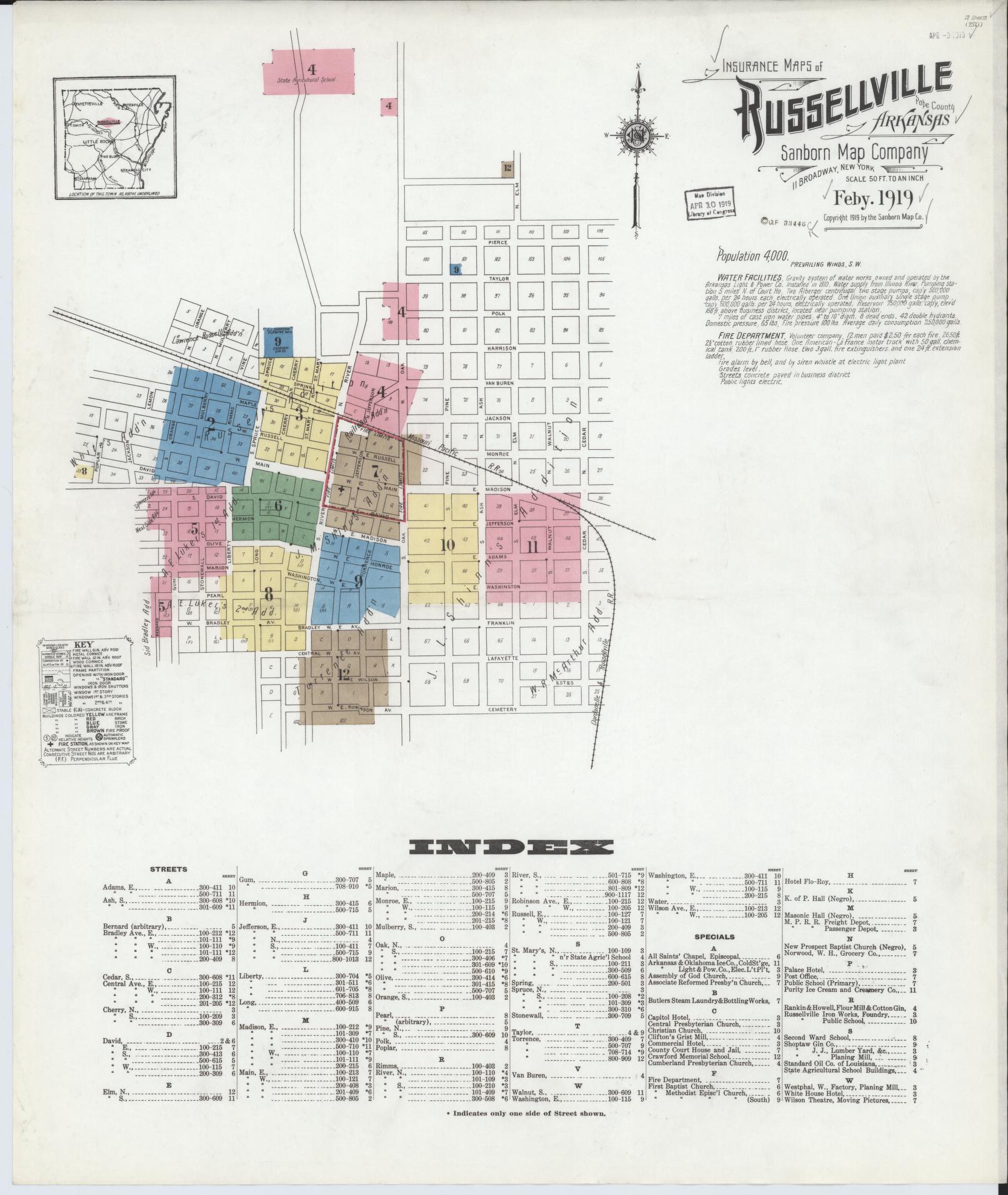 Sanborn Fire Insurance Map from Russellville, Pope County, Arkansas (1919), Sheet #0001 - Historic Sanborn Fire Insurance Map Print, vintage old map wall art, antique decor, genealogy gift, Arkansas Arkansas map