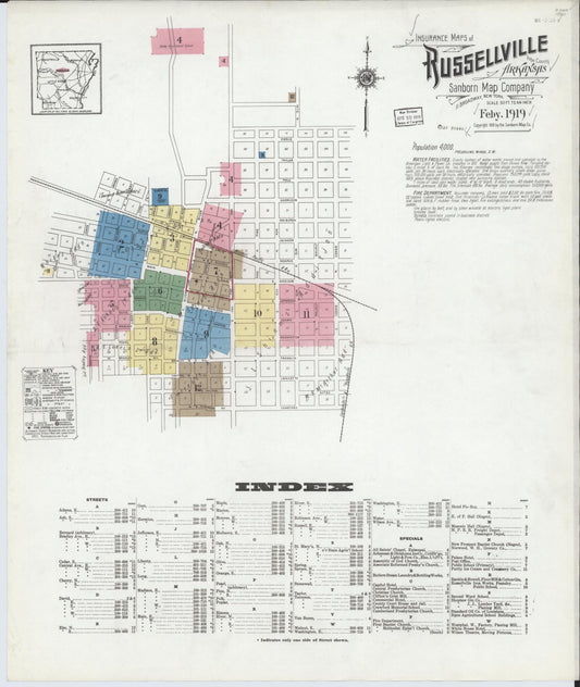 Sanborn Fire Insurance Map from Russellville, Pope County, Arkansas (1919), Sheet #0001 - Historic Sanborn Fire Insurance Map Print, vintage old map wall art, antique decor, genealogy gift, Arkansas Arkansas map