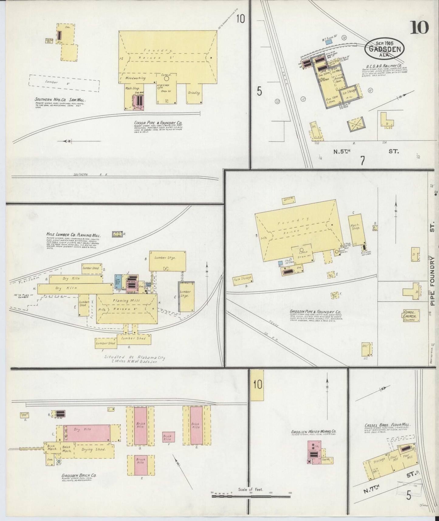 Sanborn Fire Insurance Map from Gadsden, Etowah County, Alabama (1905), Sheet #0010 - Historic Sanborn Fire Insurance Map Print, vintage old map wall art, antique decor, genealogy gift, Alabama Alabama map