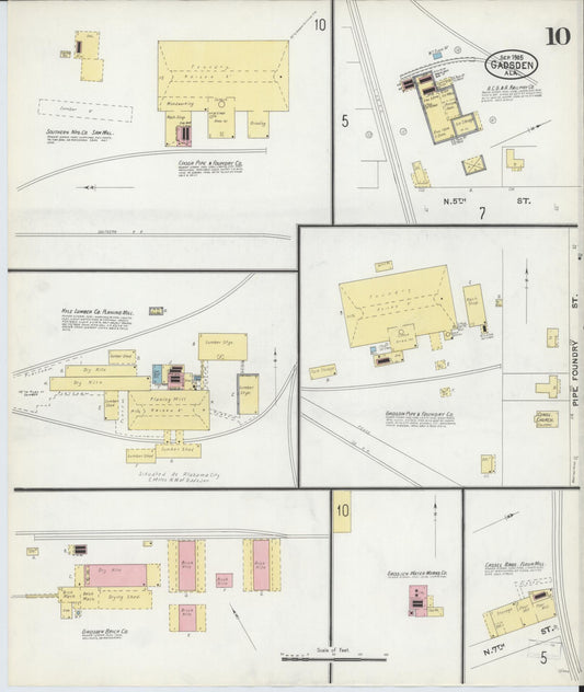 Sanborn Fire Insurance Map from Gadsden, Etowah County, Alabama (1905), Sheet #0010 - Historic Sanborn Fire Insurance Map Print, vintage old map wall art, antique decor, genealogy gift, Alabama Alabama map