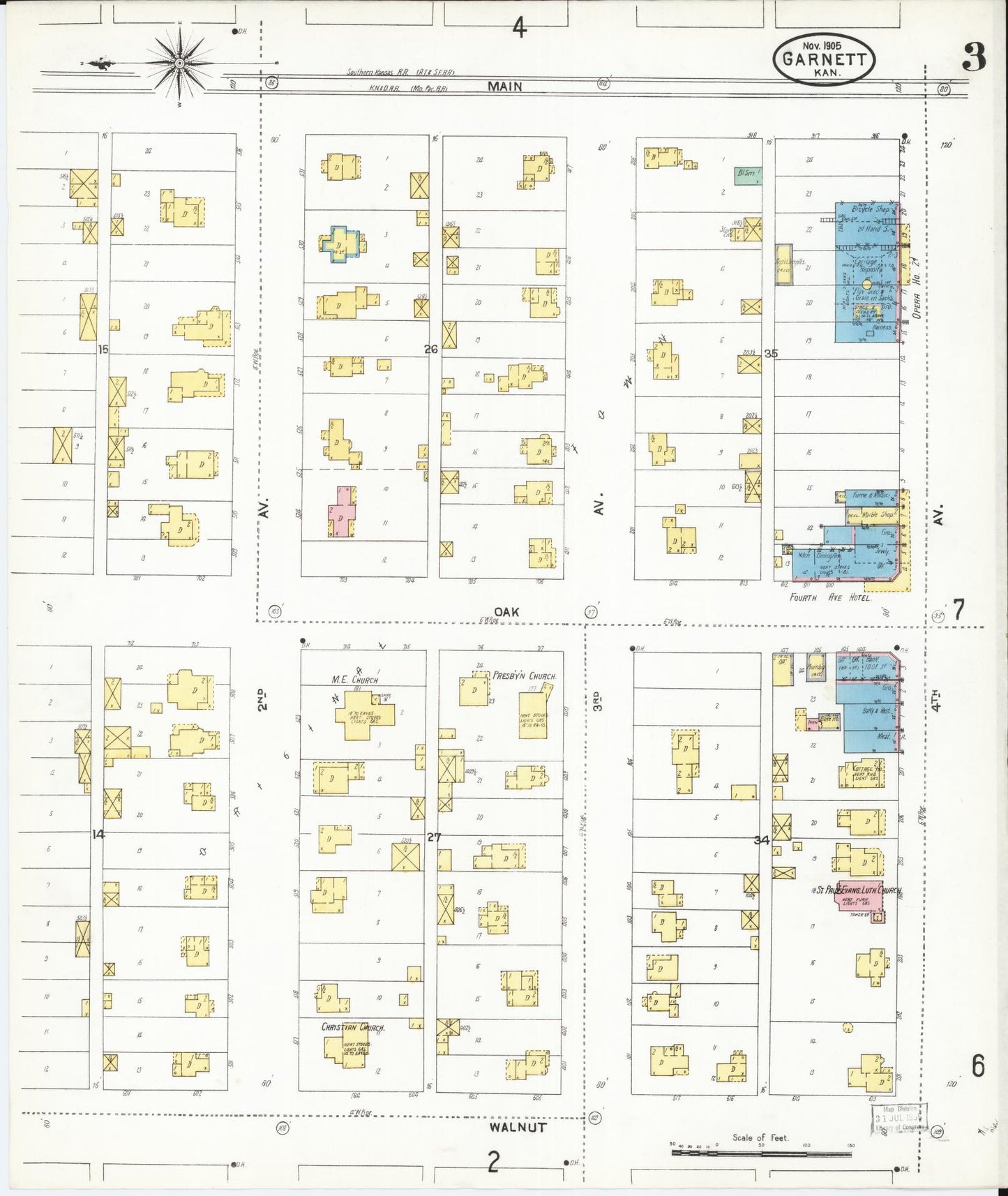 Sanborn Fire Insurance Map from Garnett, Anderson County, Kansas (1905), Sheet #0003 - Complete Map Set gallery image, historic Sanborn map, vintage wall art, Kansas Kansas