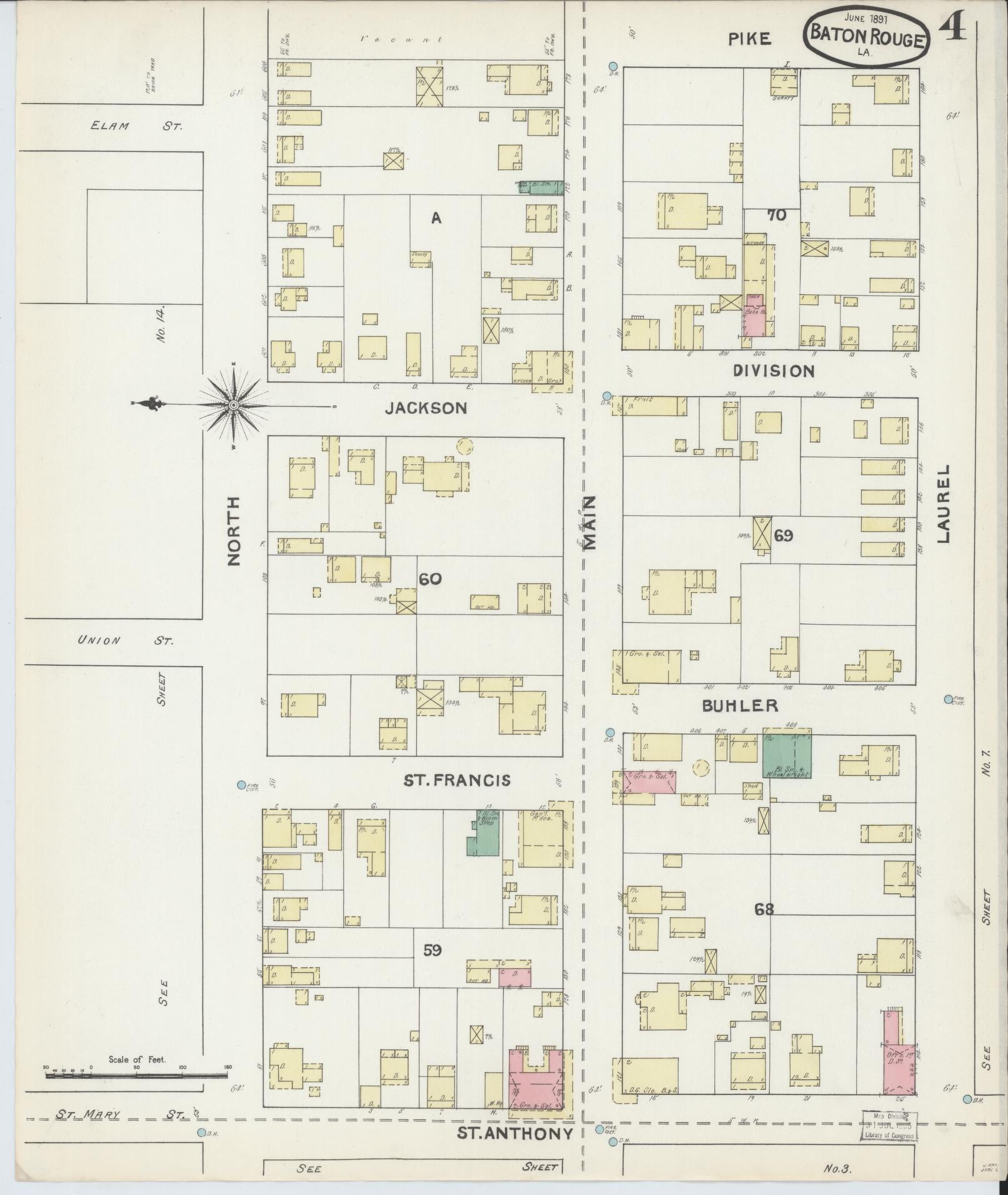 Sanborn Fire Insurance Map from Baton Rouge, East Baton Rouge Parish, Louisiana (1891), Sheet #0004 - Historic Sanborn Fire Insurance Map Print, vintage old map wall art, antique decor, genealogy gift, Louisiana Louisiana map